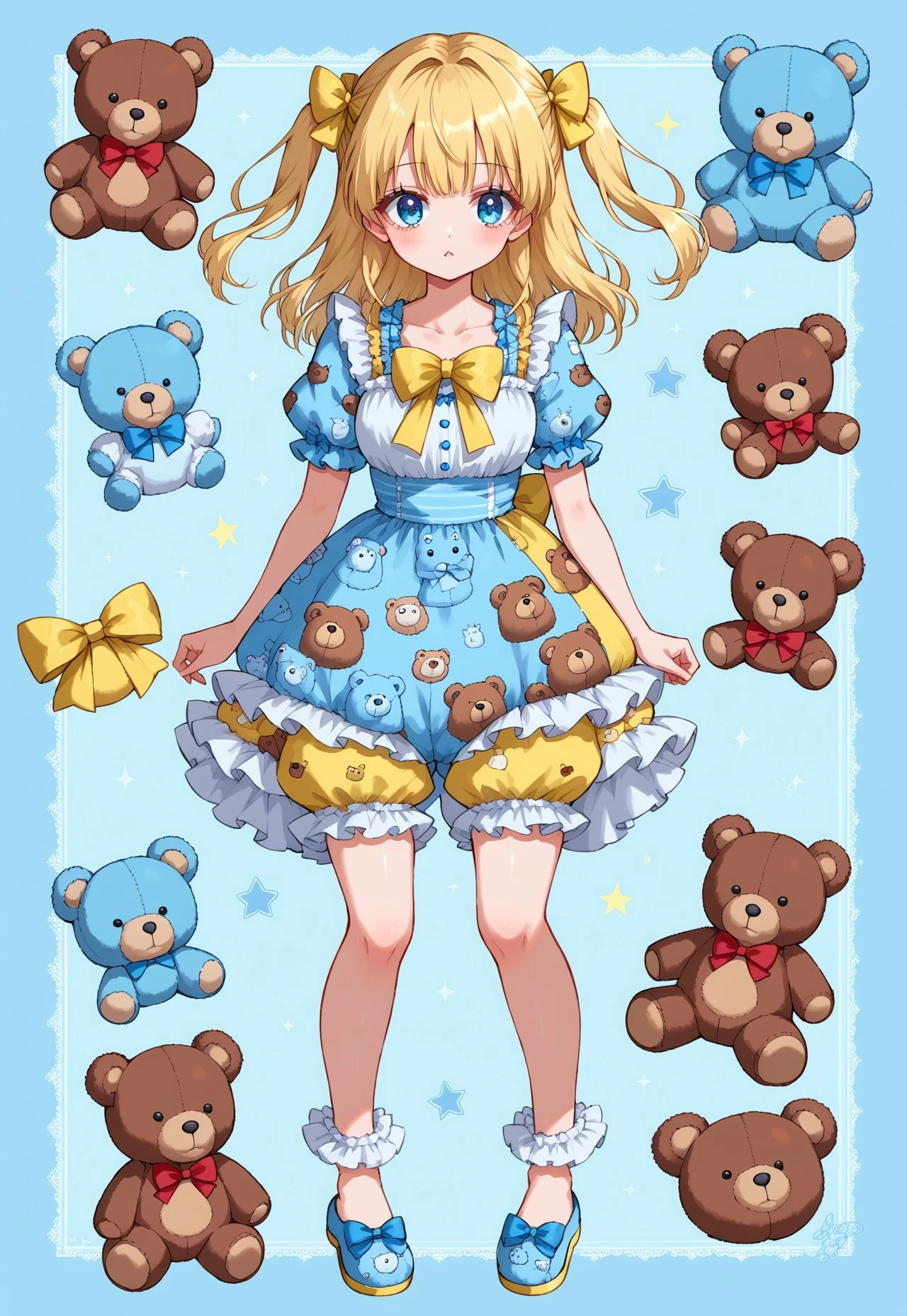 ((fullbody)) (anime) 1girl, two side up, light blue teddy bear print romper, teddy bear print romper, print romper, puffy sleeves, puffy short sleeves, ruffles, frills, bow, bows, light yellow bows, bloomers, frilled bloomers, teddy bears