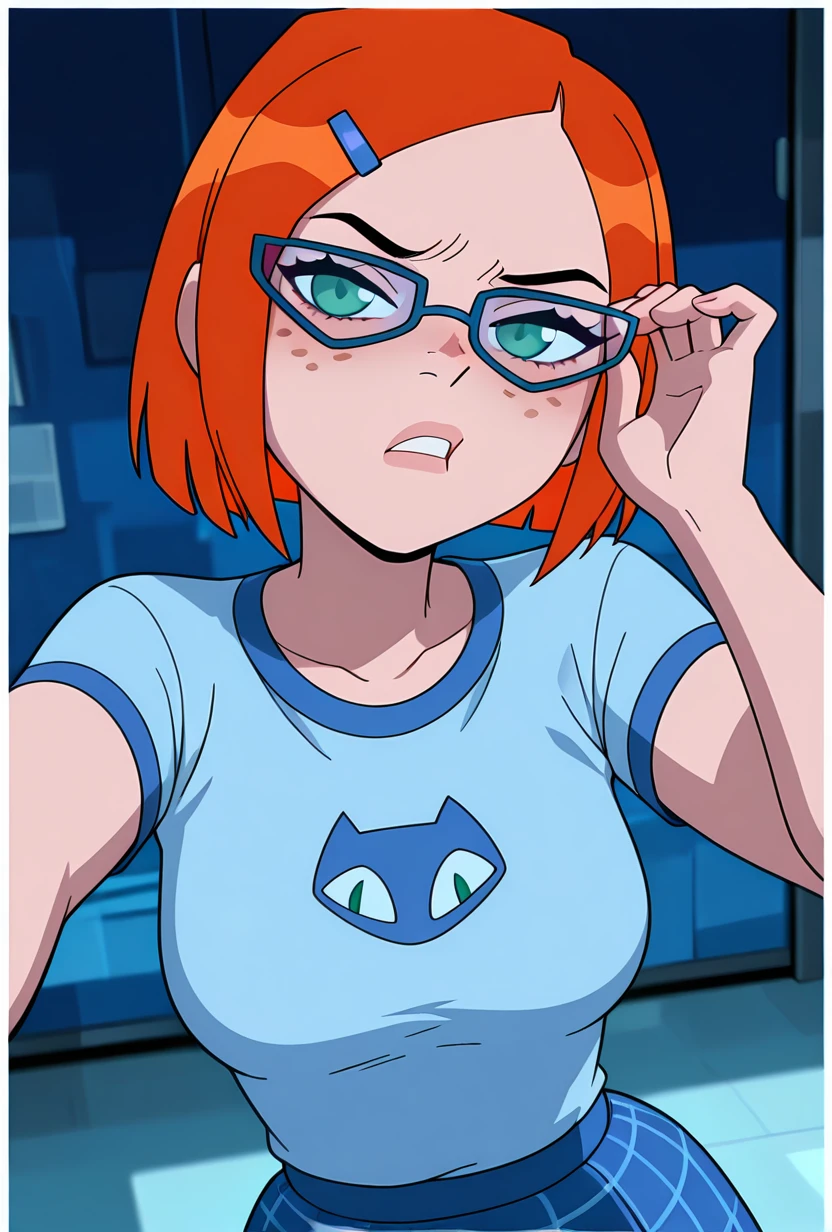 <lora:gwennerd-10:1> gwennerd, 1girl, solo, medium breasts, glasses, orange hair, short hair, hairclip, blue-framed eyewear, blue shirt, short sleeves, freckles, blue skirt, plaid skirt, green eyes, big mouth, blue background, masterpiece, best quality, amazing quality, very aesthetic, absurdres, newest,, upper body, halftone effect, white borders, abstract background:1.2,
