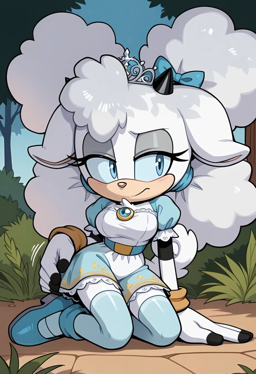 sonic (series), 1girl, solo, facing viewer, <lora:bonsoirdude-lannyv31-il-3-14:0.9>, lanolin the sheep, pink nose, medium breasts, afro puffs, white skin, teal sclera, white fur, curled tail, outdoors, wide shot, Kneeling and mimicking petting an imaginary pet, fairy tale princess outfit, puffy short sleeves, lace trim, thighhighs, tiara, hair bow, on side, lying