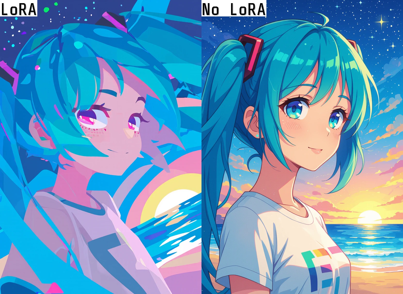 flat color, no lineart, blending, negative space,
artist:[ponsuke kaikai|hara id 21|takarai shunsuke],

hatsune miku, twintails, space station, symbol-shaped pupils, close-up, eyebrow, from side, freckles, t-shirt, v, sunrise,
multicolored background, beach, waves, ultraviolet light, chromatic aberration, standing, leaning to the side, smile,

masterpiece, best quality, very aesthetic, absurdres