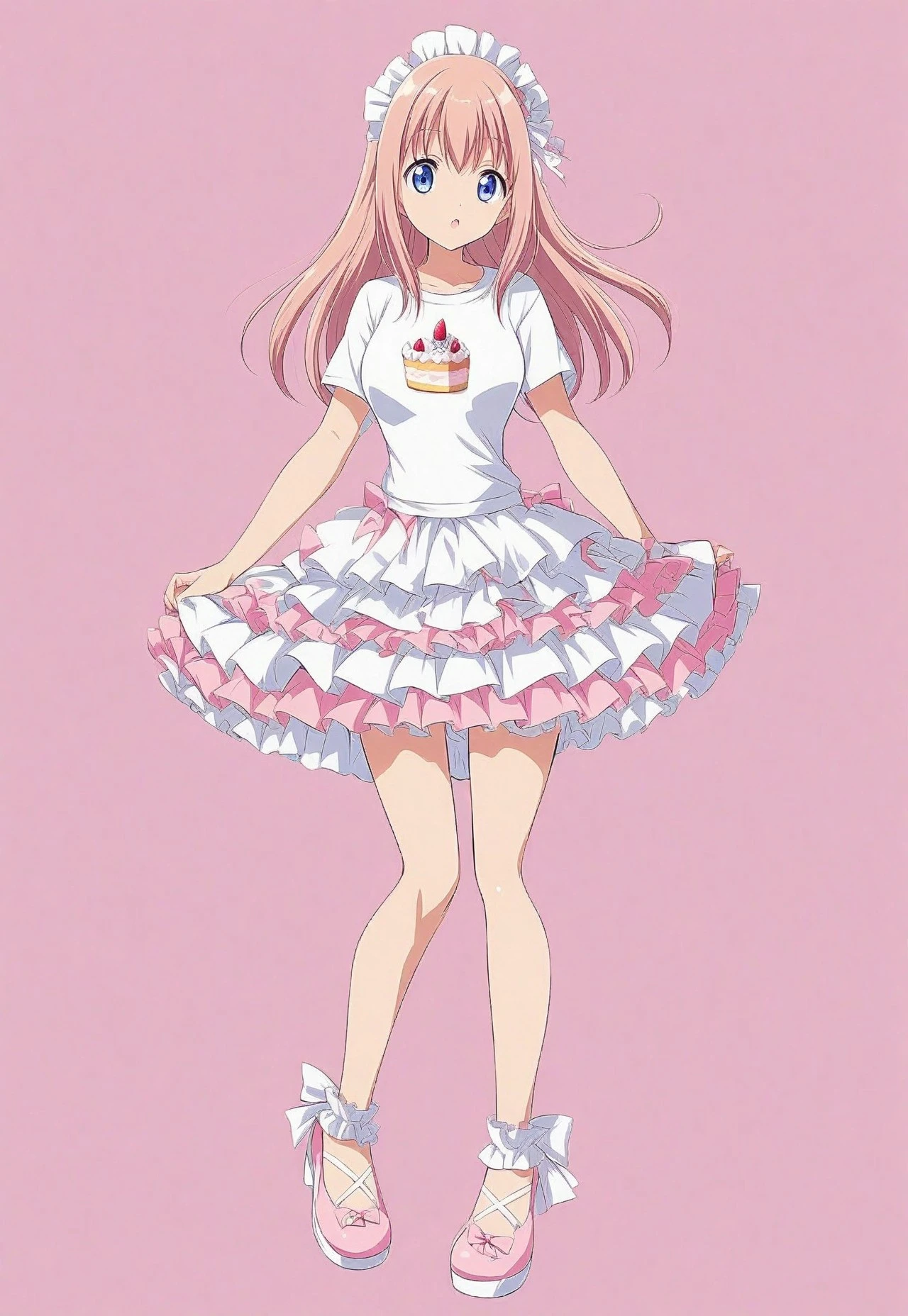 ((fullbody)) (anime) 1girl, shirt, t-shirt, simple shirt, cake skirt, cake_skirt, ruffled skirt, tiered skirt, frilled skirt, layered skirt, frilly skirt, ruffles, frills