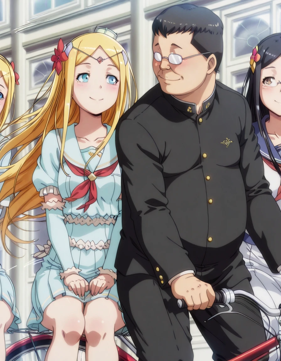 masterpiece, best quality, amazing quality,, <lora:renner-theiere-chardelon-ryle-vaiself-s2-illustriousxl-lora-nochekaiser:1>, renner theiere chardelon ryle vaiself, long hair, blue eyes, blonde hair, hair ornament, very long hair, flower, hair flower, mature female, small , anime screencap, <lora:pillion-illustriousxl-lora-nochekaiser:1>, pillion, brown eyes, hetero, couple, ground vehicle, riding, bicycle, multiple riders, outdoors, motion, floating hair, motion lines, hands on thighs, school uniform, serafuku, gakuran, collarbone, blush, looking at another, smile, cowboy shot, knees,, <lora:hajime-tanaka-ova-illustriousxl-lora-nochekaiser:1>, hajime tanaka, black hair, 1boy, glasses, opaque glasses, fat man