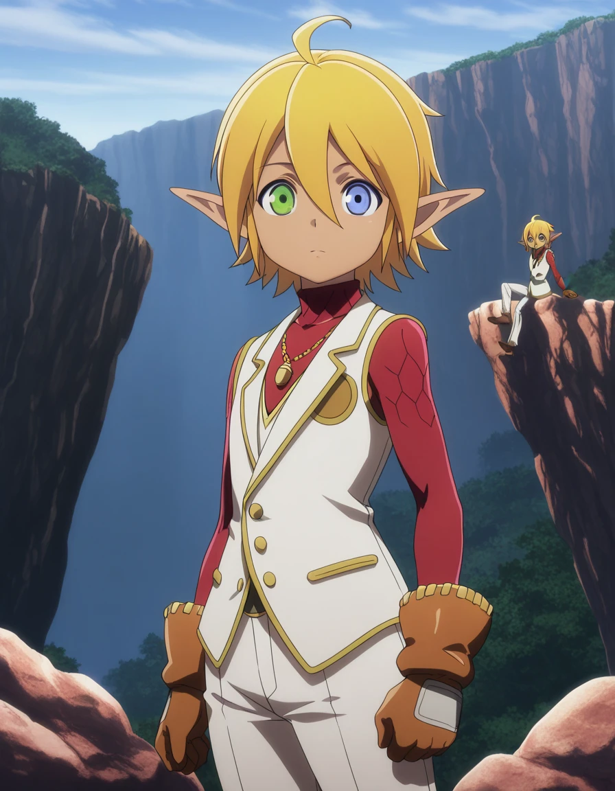 masterpiece, best quality, amazing quality,, <lora:aura-bella-fiora-s1s2-illustriousxl-lora-nochekaiser:1>, aura bella fiora, short hair, blue eyes, blonde hair, hair between eyes, green eyes, ahoge, pointy ears, dark skin, heterochromia, elf, dark elf, anime screencap, gloves, jewelry, necklace, vest, white vest, pants, white pants,, from side, cliff, height, rocks, nature, sky, cowboy shot, solo, looking at viewer