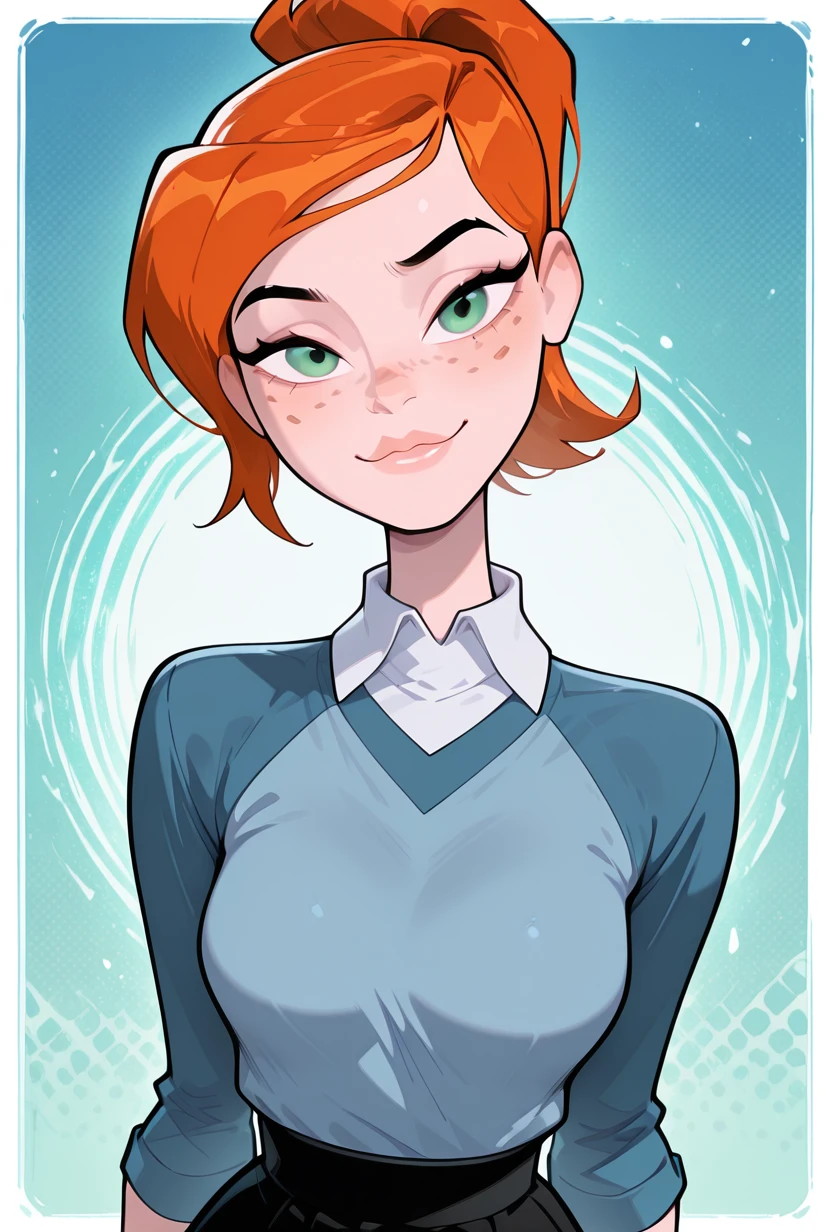 <lora:ovgwen-10:1> ovgwen, green eyes, orange hair, 1girl, ponytail, freckles, blue shirt, white collar, lips, black skirt, raglan sleeves, looking at viewer, smile, cartoon, screencap,, masterpiece, best quality, amazing quality, very aesthetic, absurdres, newest,, upper body, halftone effect, white borders, abstract background:1.2,