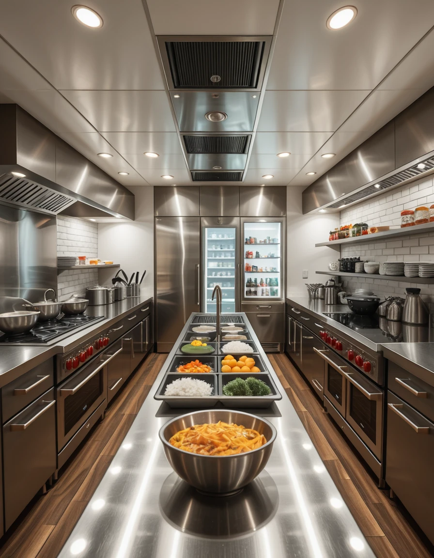 A state-of-the-art kitchen in a five-star hotel, completely empty and immaculately clean. The space features stainless steel countertops, commercial-grade stoves, double ovens, and induction cooktops, all polished to a shine. Overhead ventilation hoods and ambient lighting reflect off the sleek surfaces. A central prep island is neatly arranged with high-end cooking tools, bowls, and fresh ingredients ready for use. Along the walls, refrigerated drawers, walk-in coolers, and shelves stocked with spices and gourmet supplies are perfectly organized. The atmosphere is calm, professional, and ready for elite culinary service â a luxurious space awaiting its chefs.
,hotel k1tch3n <lora:hotel_k1tch3n-i:1>, Masterpiece,best quality,hi res,8k,hi res,8k,award winning,(sharp focus, intricate, highly detailed),