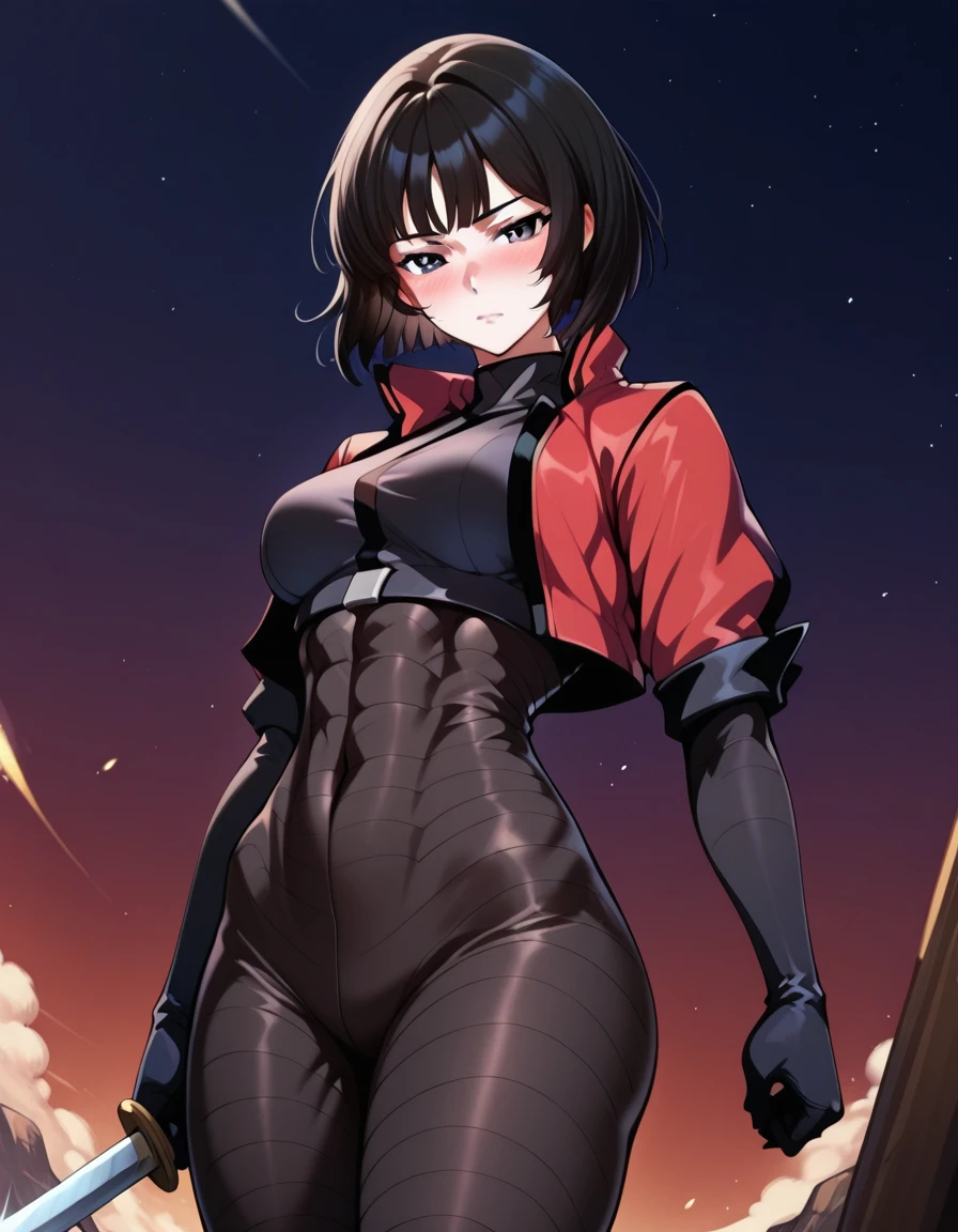 ultra-detailed, Explicit, Beautiful body, Beautiful Nose, Beautiful character design, perfect eyes, perfect face, ultra highres, 4K, beautiful legs, perfect legs, Nice hands, Perfect hand, Masterpiece, Best Quality, Highly detailed, illustration, absurdres, perfect anatomy, street fighter, doll suit, shadaloo doll, dollsuit, expressionless, blank eyes, looking at viewer, red gloves, emotionless, black latex, corrution, mind control, female combatant, full body, hypnotized, unhappy trance, full body suit, ribbed bodysuit, both arms at side, obey, perfect female body, extremely glossy latex, hypnosis, hypnoLora, empty eyes, Mind control device, poses, submissive_pose, Slave, standing straight, standing, standing at attention, hat, necktie, belt, latex, ribbed bodysuit, thighhighs, garter belt, Fighting Stance, extending the right arm from the shoulder into the air with a straightened hand, military, thigh boots, hair ornaments, black hair, short hair, green eyes, (((pixel-perfect, detail-perfect))), solo, 1girl, {kohinata_miku_senkizesshousymphogear:0.8}, Kohinata Miku ShenShoujing, Senki Zesshou Symphogear, bangs, ribbon, hair_bow, hair_ribbon
