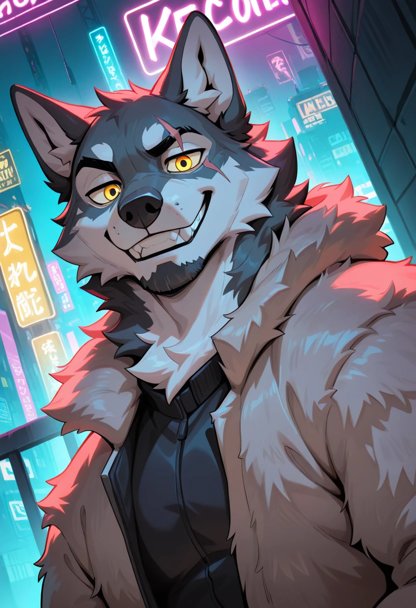 masterpiece,best quality,amazing quality, absurdres male, solo, anthro,
wolf, fur jacket, yellow eyes, facial scar, grin, masculine, rugged, 
rooftop, outside, cyberpunk, neon light, looking at viewer, portrait, dutch angle,