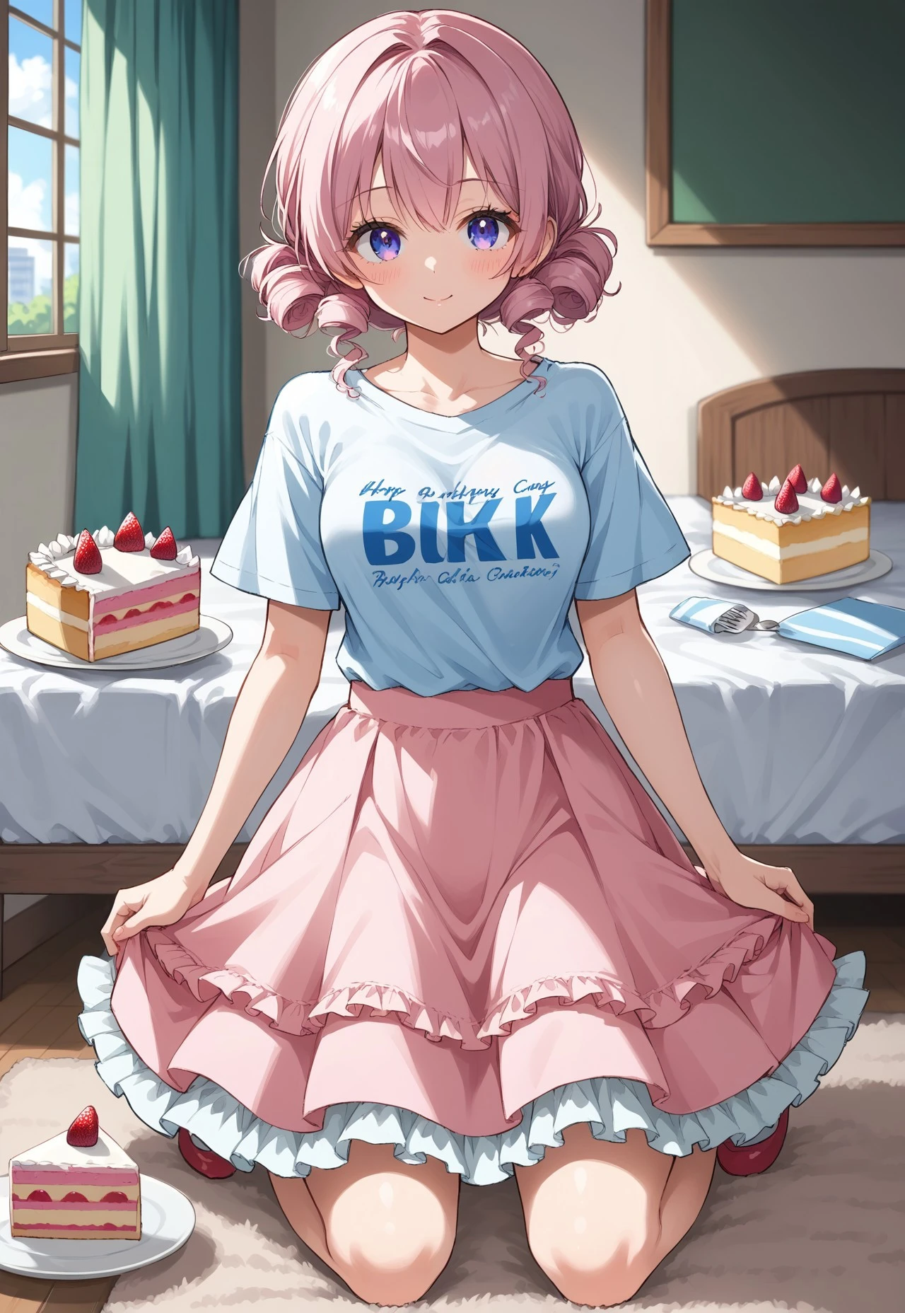((fullbody)) (anime) 1girl, shirt, t-shirt, simple shirt, cake skirt, cake_skirt, ruffled skirt, tiered skirt, frilled skirt, layered skirt, frilly skirt, ruffles, frills