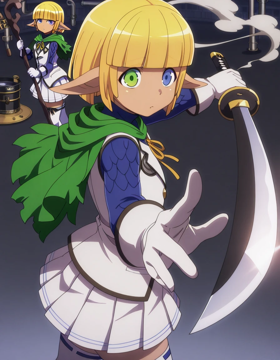 masterpiece, best quality, amazing quality,, <lora:mare-bello-fiore-s1s2-illustriousxl-lora-nochekaiser:1>, mare bello fiore, short hair, bangs, blue eyes, blonde hair, green eyes, pointy ears, blunt bangs, heterochromia, elf, otoko no ko, dark elf, anime screencap, skirt, thighhighs, gloves, pleated skirt, white gloves, cape, white thighhighs, zettai ryouiki, capelet, staff, crossdressing, holding staff,, <lora:gatotsu-stance-illustriousxl-lora-nochekaiser:1>, gatotsu stance, weapon, sword, katana, holding weapon, holding, holding sword, foreshortening,, refinery, pipes, smoke, metal, oil, cowboy shot, solo, looking at viewer