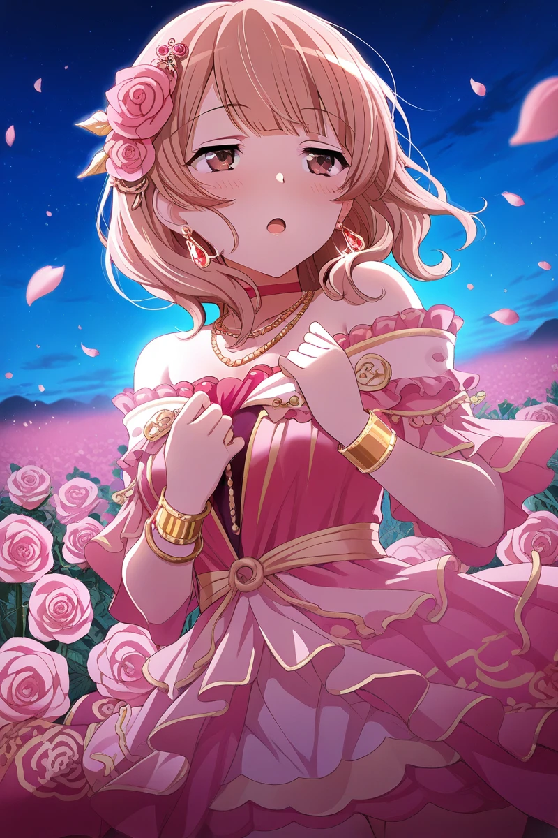 masterpiece, best quality,
mayano topgun \(umamusume\),
hair ornament, hair flower, official alternate costume, pantyhose, strapless dress, white gloves, fishnets, wedding dress, rose, bare shoulders, pink dress, choker, holding bouquet, shoes, jewelry, parachute, cloud, sky,
<lora:mayano_topgun_lora:0.8>