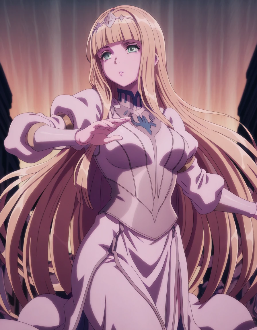 masterpiece, best quality, amazing quality,, <lora:calca-bessarez-movie3-illustriousxl-lora-nochekaiser:1>, calca bessarez, long hair,bangs, blue eyes, blonde hair, very long hair, green eyes, blunt bangs, mature female, medium breasts, anime screencap, <lora:dynamic-pose-illustriousxl-lora-nochekaiser:1>, dynamic pose, jumping, cowboy shot,