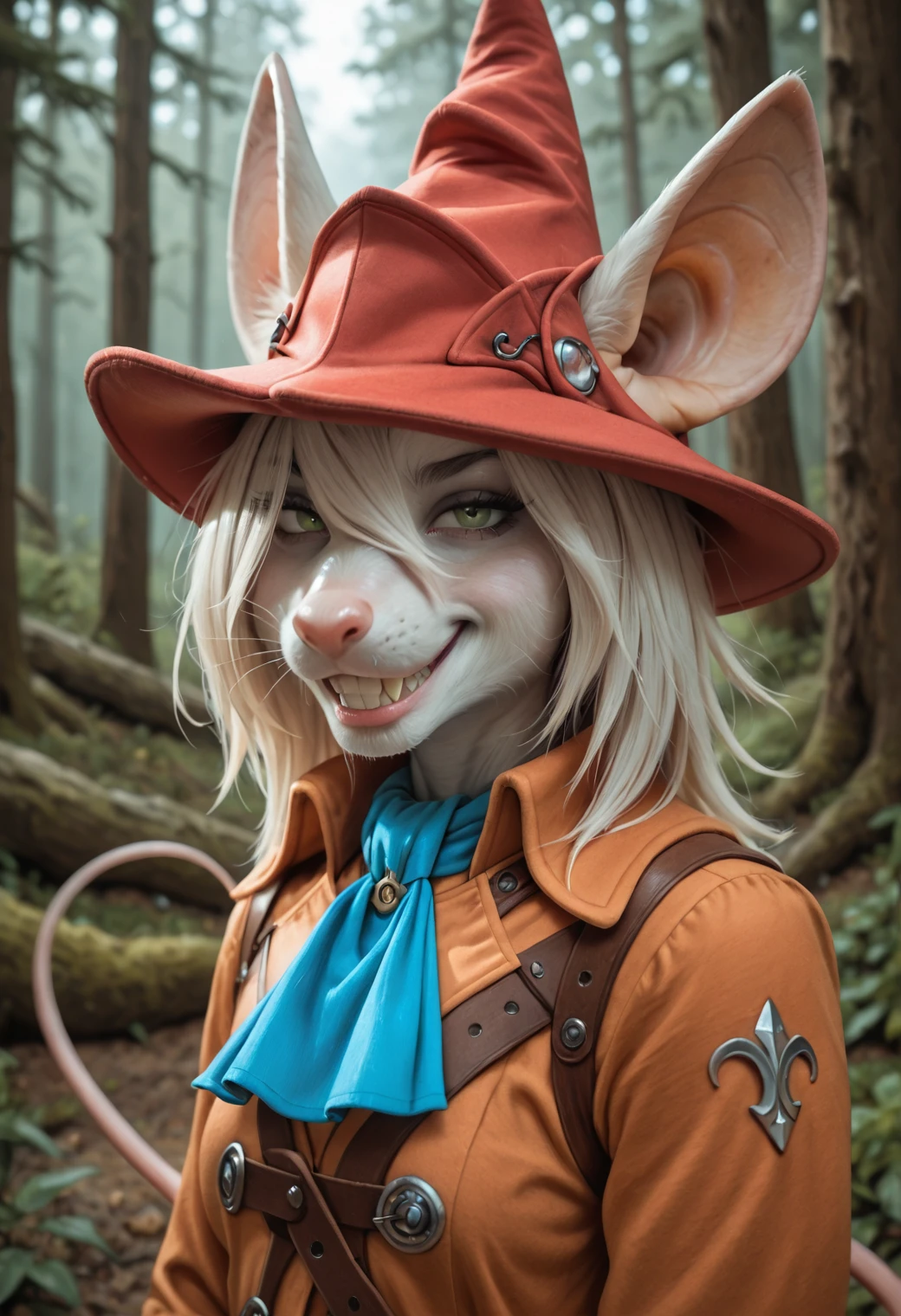 kftenhance, masterpiece, best quality, amazing quality, realistic, 1girl, Freya crescent, female furry, red hat, blue ascot, green eye, hair over one eye, medium hair, mouse ears, mouse tail, forest, portrait, upperbody, smug, sly grin