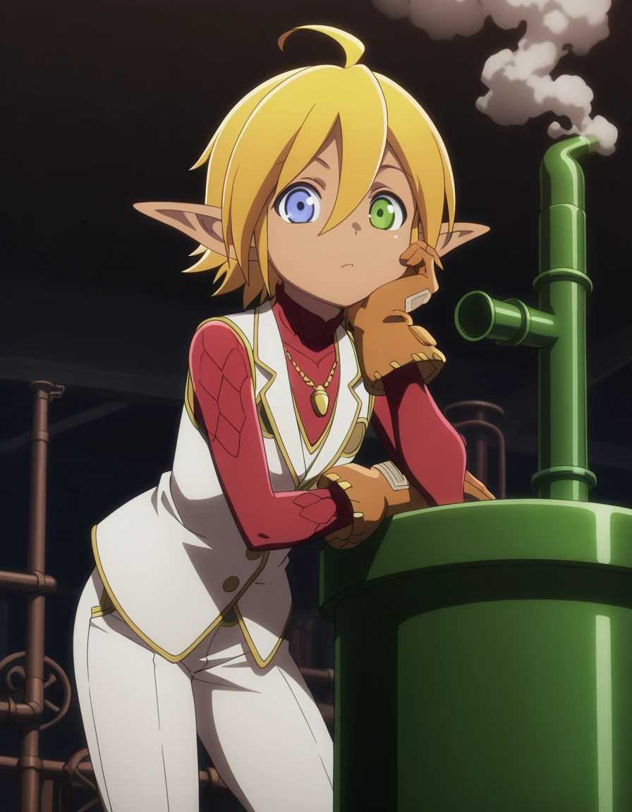 masterpiece, best quality, amazing quality,, <lora:aura-bella-fiora-s1s2-illustriousxl-lora-nochekaiser:1>, aura bella fiora, short hair, blue eyes, blonde hair, hair between eyes, green eyes, ahoge, pointy ears, dark skin, heterochromia, elf, dark elf, anime screencap, gloves, jewelry, necklace, vest, white vest, pants, white pants,, head rest, refinery, pipes, smoke, metal, oil, cowboy shot, solo, looking at viewer