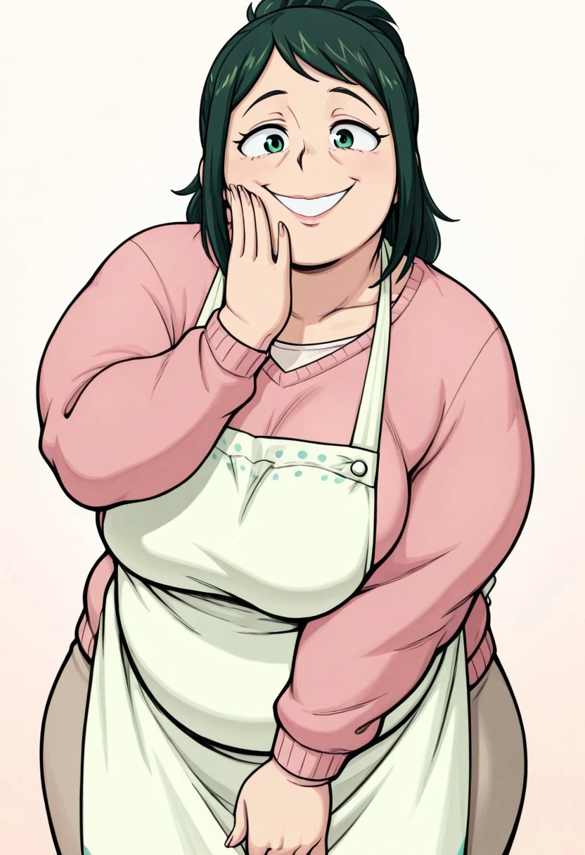 masterpiece, best quality, absurdres, highres, high quality, highly detailed
dynamic angle, foreshortening, 1girl, solo, standing, facing viewer, smiling, portrait, upper body,
mature female, slightly chubby, thick, plump, green hair, green eyes, ponytail, skirt, pink sweater, apron, inkomidoriyaILL