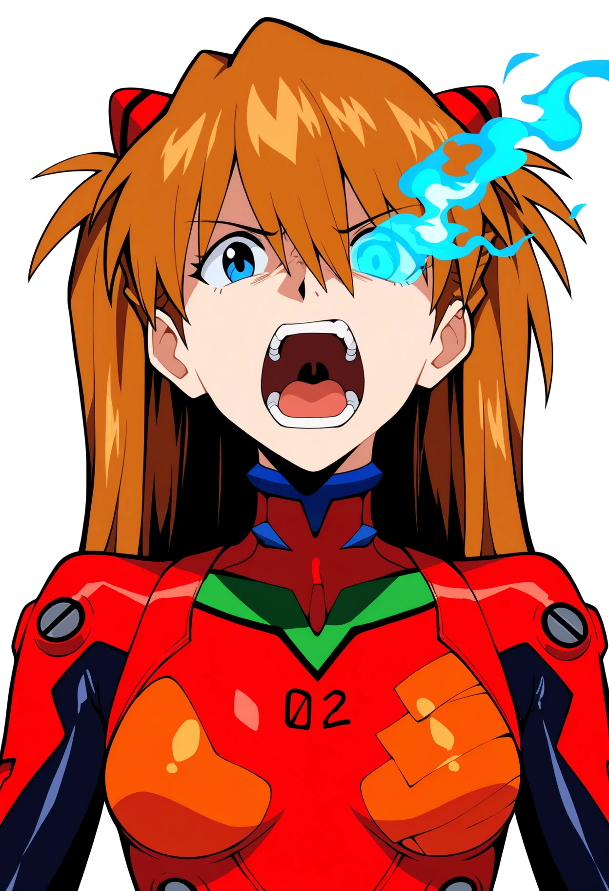best quality, amazing quality, very aesthetic, absurdres,
(blue flaming eye, blue eye trail, flaming eye:1.2),
1girl, souryuu asuka langley, neon genesis evangelion, rebuild of evangelion, plugsuit, pilot suit, red bodysuit,
upper body, looking at viewer, angry, roaring, open mouth, simple background, white background, <lora:FlamingEyeNoobXL_byKonan:1>