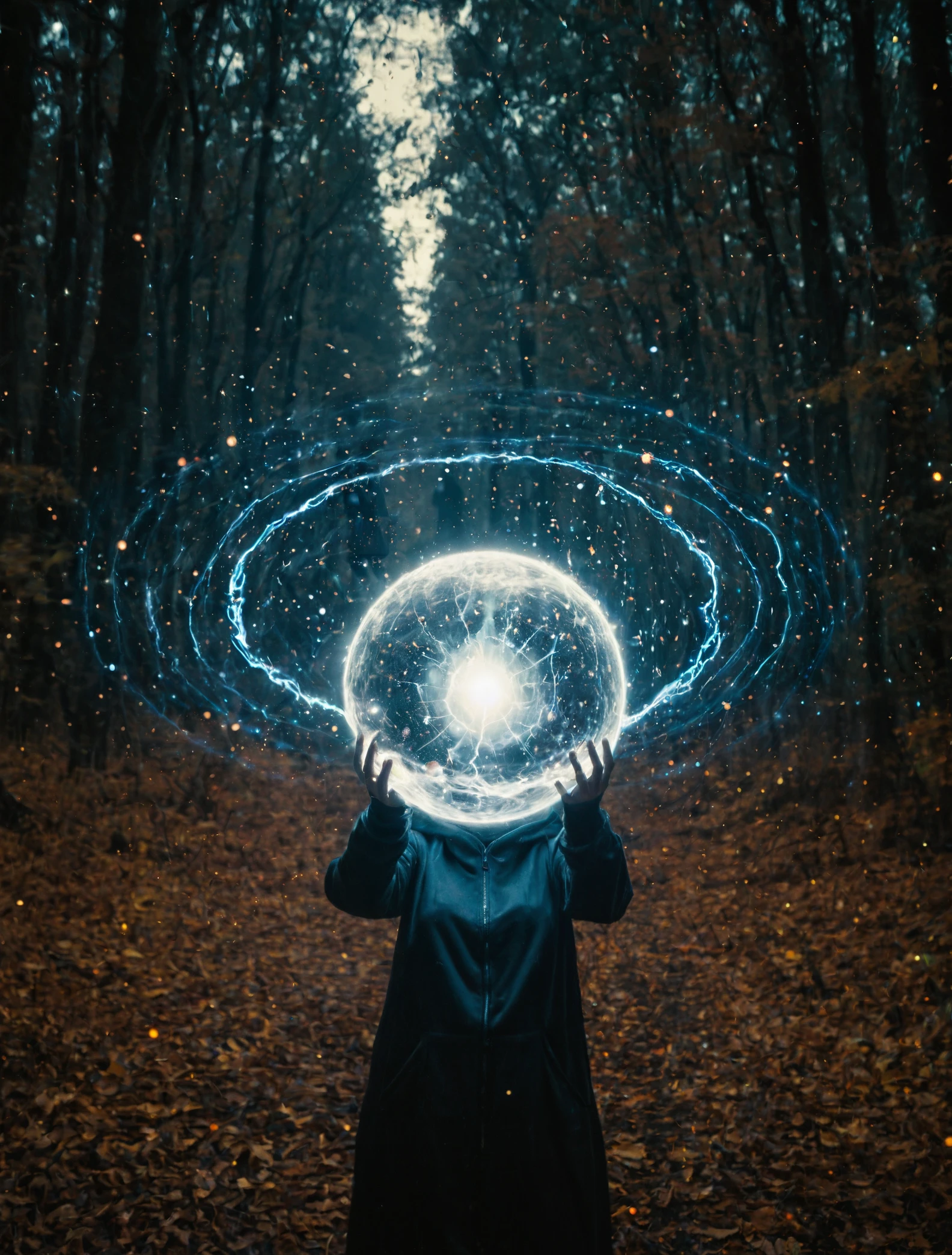 rogue woman, magic spell in hand, autumn forest, documentary photography, particles, glowing sphere, high dynamic range, black hole, event horizon, galaxy, space-time continuum,