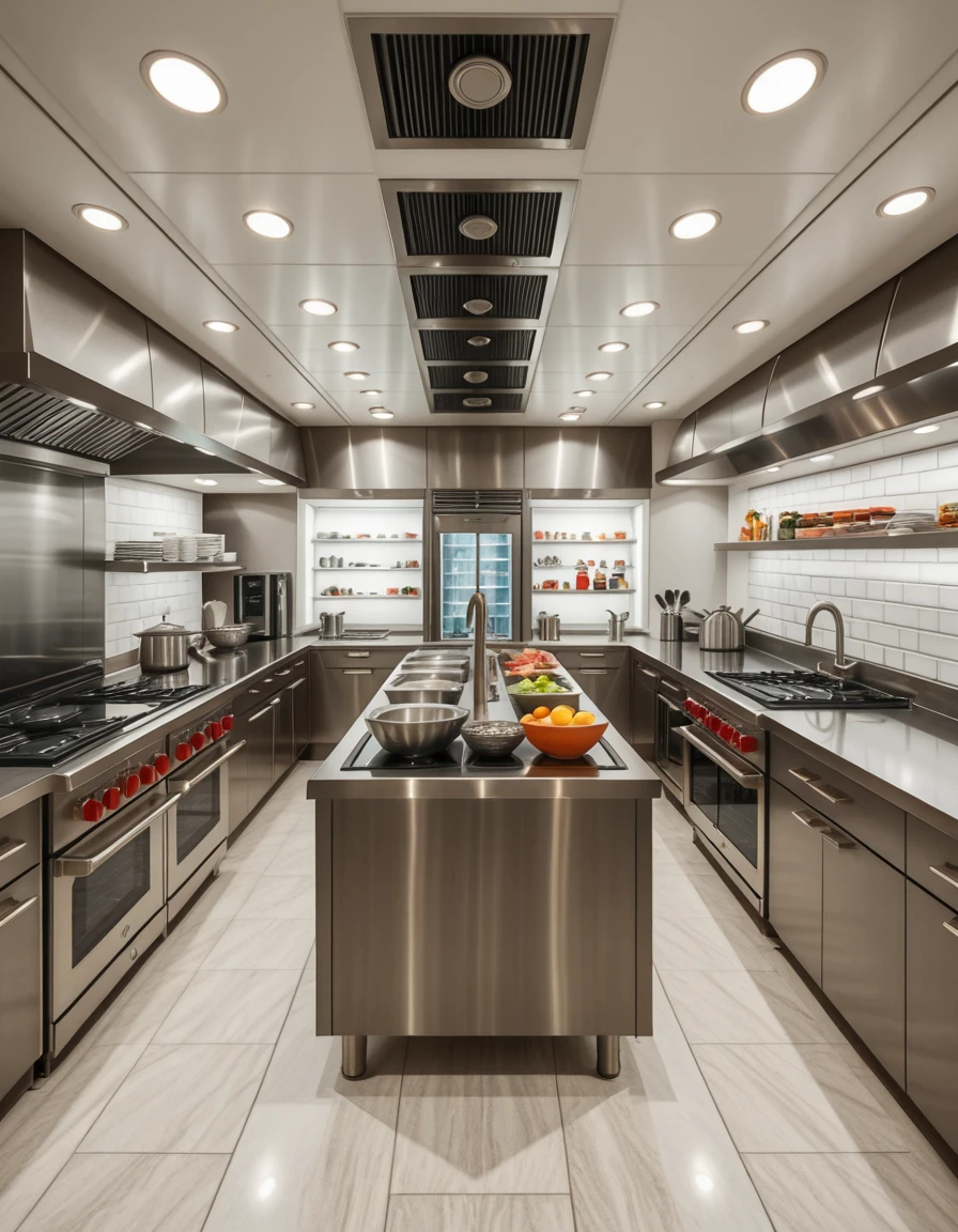 A state-of-the-art kitchen in a five-star hotel, completely empty and immaculately clean. The space features stainless steel countertops, commercial-grade stoves, double ovens, and induction cooktops, all polished to a shine. Overhead ventilation hoods and ambient lighting reflect off the sleek surfaces. A central prep island is neatly arranged with high-end cooking tools, bowls, and fresh ingredients ready for use. Along the walls, refrigerated drawers, walk-in coolers, and shelves stocked with spices and gourmet supplies are perfectly organized. The atmosphere is calm, professional, and ready for elite culinary service â a luxurious space awaiting its chefs.
,hotel k1tch3n <lora:hotel_k1tch3n-i:1>, Masterpiece,best quality,hi res,8k,hi res,8k,award winning,(sharp focus, intricate, highly detailed),