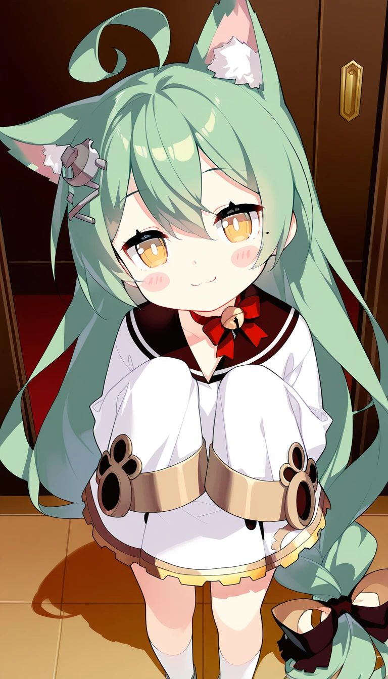 (masterpiece),best quality,amazing quality,very aesthetic,absurdres,newest,perfect body,shiny skin,perfect eyes,detail1eye,well-defined fingers,well-defined fingernails,anime style,indoors,1girl,solo,upper body,(portrait:1.5),looking at viewer,facing viewer,smile,blush,aged down,Saru style,bright pupils,akashi \(azur lane\),ahoge,animal ears,cat ears,absurdly long hair,low-braided long hair,hair ornament,hair bow,black bow,single braid,green hair,hair between eyes,yellow eyes,mole under eye,blush stickers,ribbon choker,red bow,jingle bell,sailor dress,white dress,long sleeves,sleeves past wrists,white socks,uneven legwear,asymmetrical legwear,white socks,