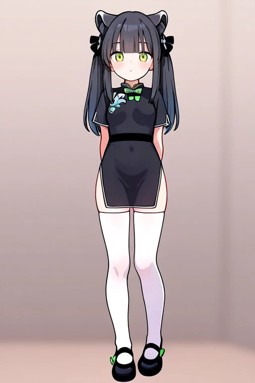 masterpiece, High quality, Ultra detailed, 2d, newest, absurdres, highres, BREAK
1girl, solo, <lora:shun_small_v2_LISETTElora:0.8>, smallshun, twintails, black hair, blunt bangs, animal ears, animal ear fluff, green eyes,
small breasts, smshundef, short sleeves, chinese clothes, black dress, mary janes, white thighhighs, black footwear, shoes,
full body, standing, looking at viewer,