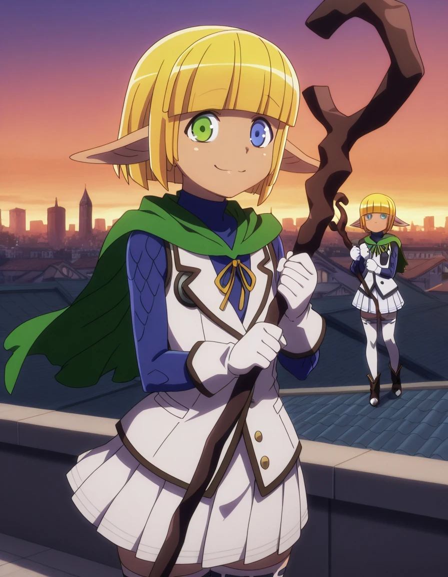 masterpiece, best quality, amazing quality,, <lora:mare-bello-fiore-s1s2-illustriousxl-lora-nochekaiser:1>, mare bello fiore, short hair, bangs, blue eyes, blonde hair, green eyes, pointy ears, blunt bangs, heterochromia, elf, otoko no ko, dark elf, anime screencap, skirt, thighhighs, gloves, pleated skirt, white gloves, cape, white thighhighs, zettai ryouiki, capelet, staff, crossdressing, holding staff,, smug, rooftop, sunset, cityscape, quiet moment, wind blowing, contemplative, cowboy shot, solo, looking at viewer