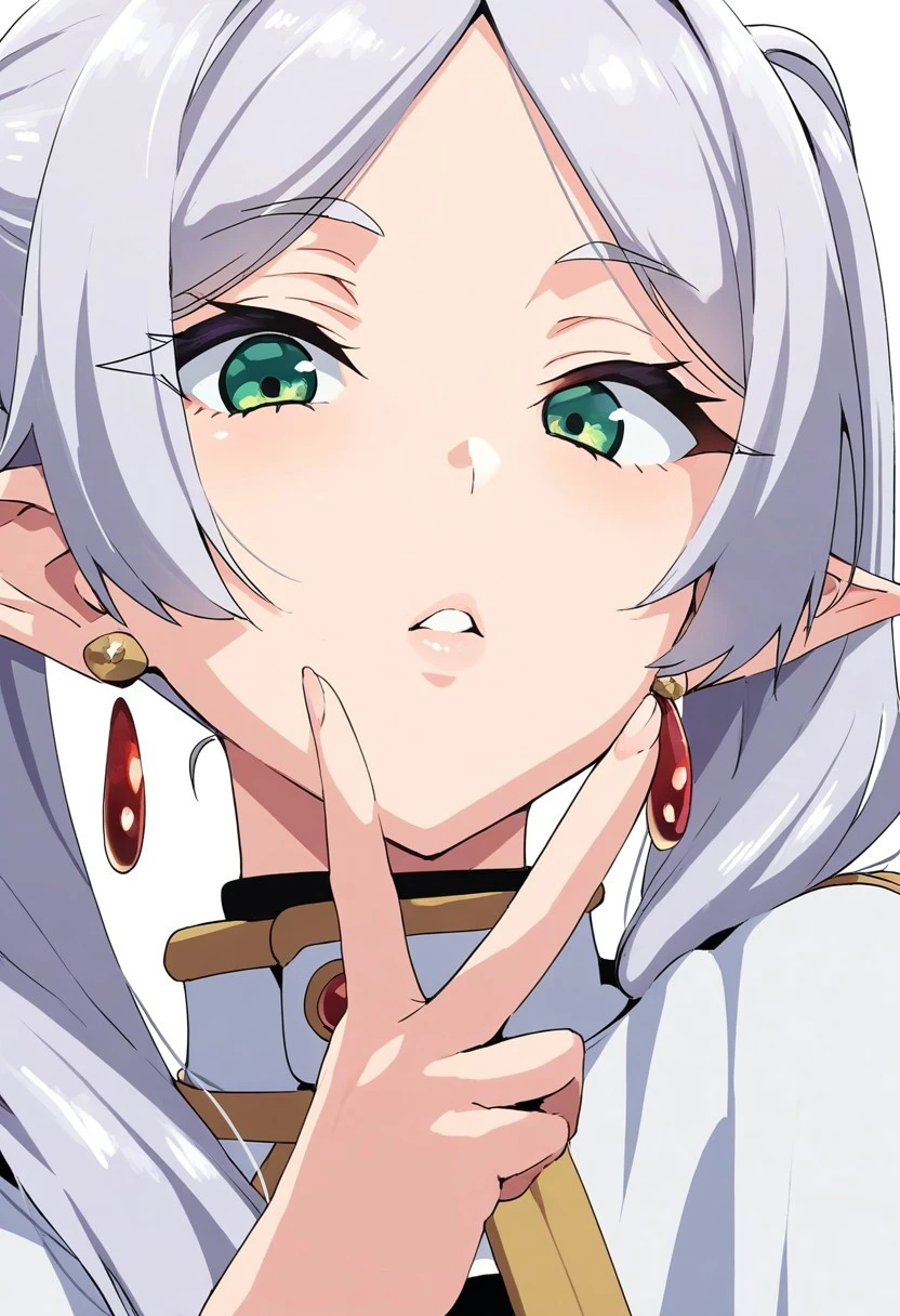 masterpiece, best quality,
(frieren:0.5), 1girl, solo, long hair, looking at viewer, simple background, white background, jewelry, twintails, green eyes, white hair, grey hair, earrings, parted lips, pointy ears, parted bangs, v, capelet, portrait, elf, white capelet