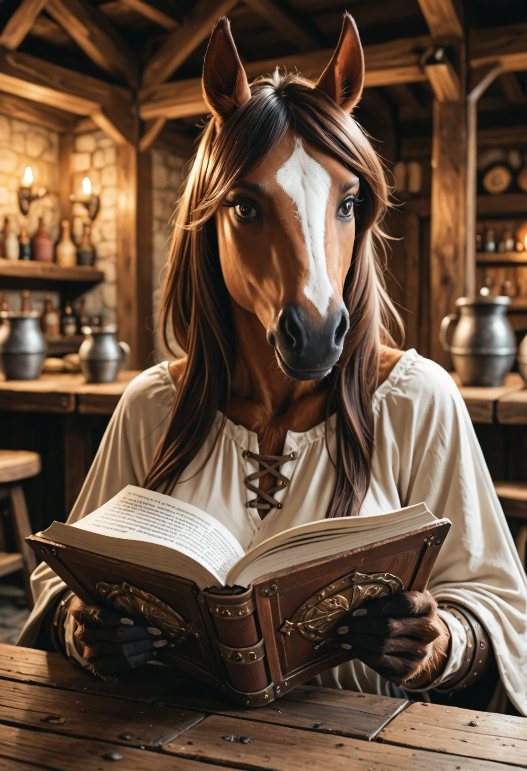kftenhance, masterpiece, best quality, amazing quality, realistic, 1girl, solo, medieval fantasy, female horse, furry, reading a book, tavern, hooves,