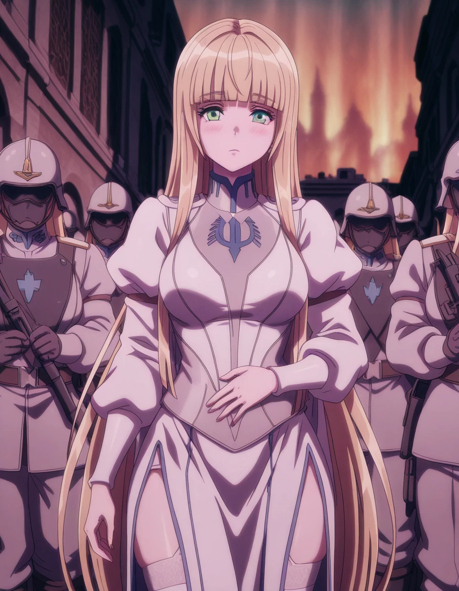 masterpiece, best quality, amazing quality,, <lora:calca-bessarez-movie3-illustriousxl-lora-nochekaiser:1>, calca bessarez, long hair,bangs, blue eyes, blonde hair, very long hair, green eyes, blunt bangs, mature female, medium breasts, anime screencap, thighhighs, dress, white dress, white thighhighs,, hand on stomach, blush,, military base, soldiers, secure, buildings, training, cowboy shot, solo, looking at viewer