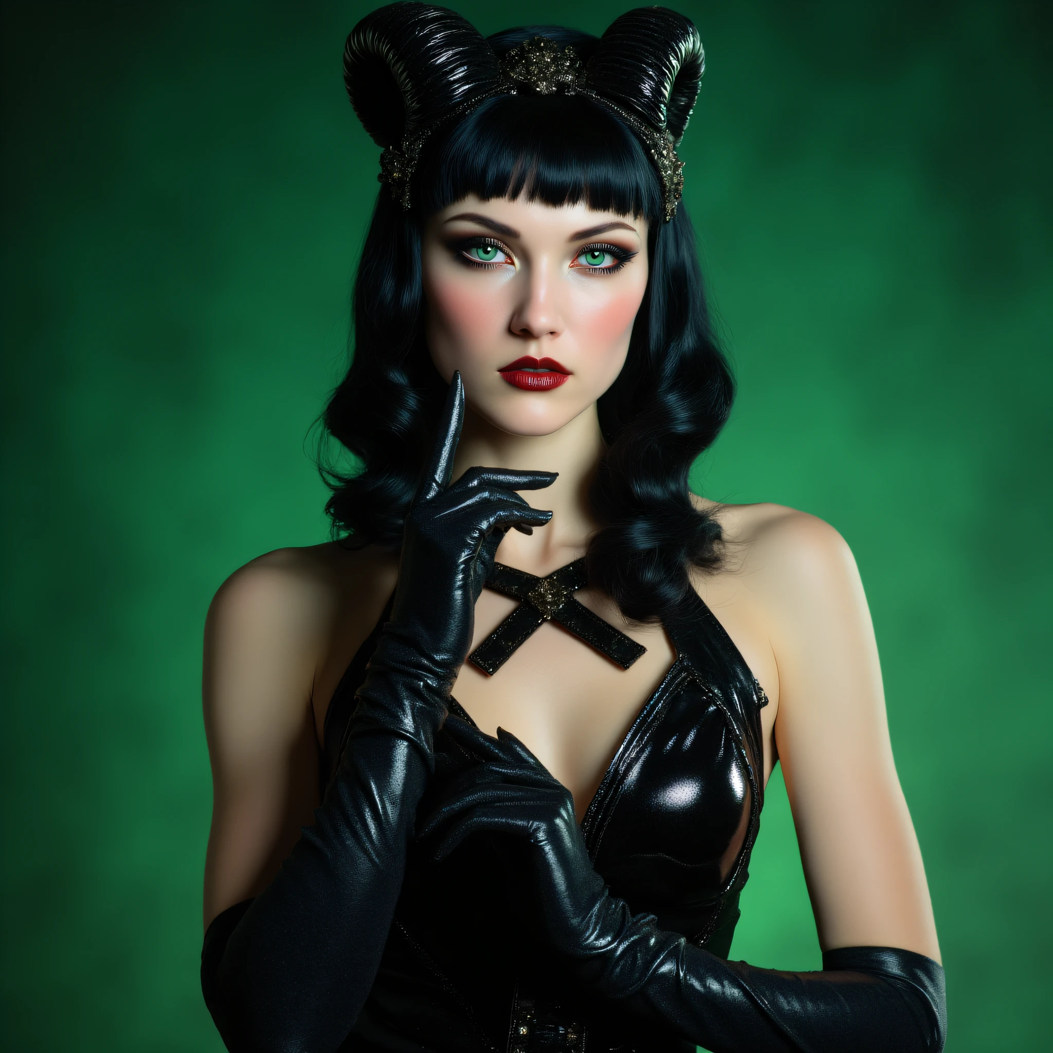 Arcane Decopunk Fantasy, The image shows a woman wearing a black dress with horns on her head set against a green background., green eyes, 1girl, gloves, solo, black hair, horns, elbow gloves, makeup, looking at viewer, red lips