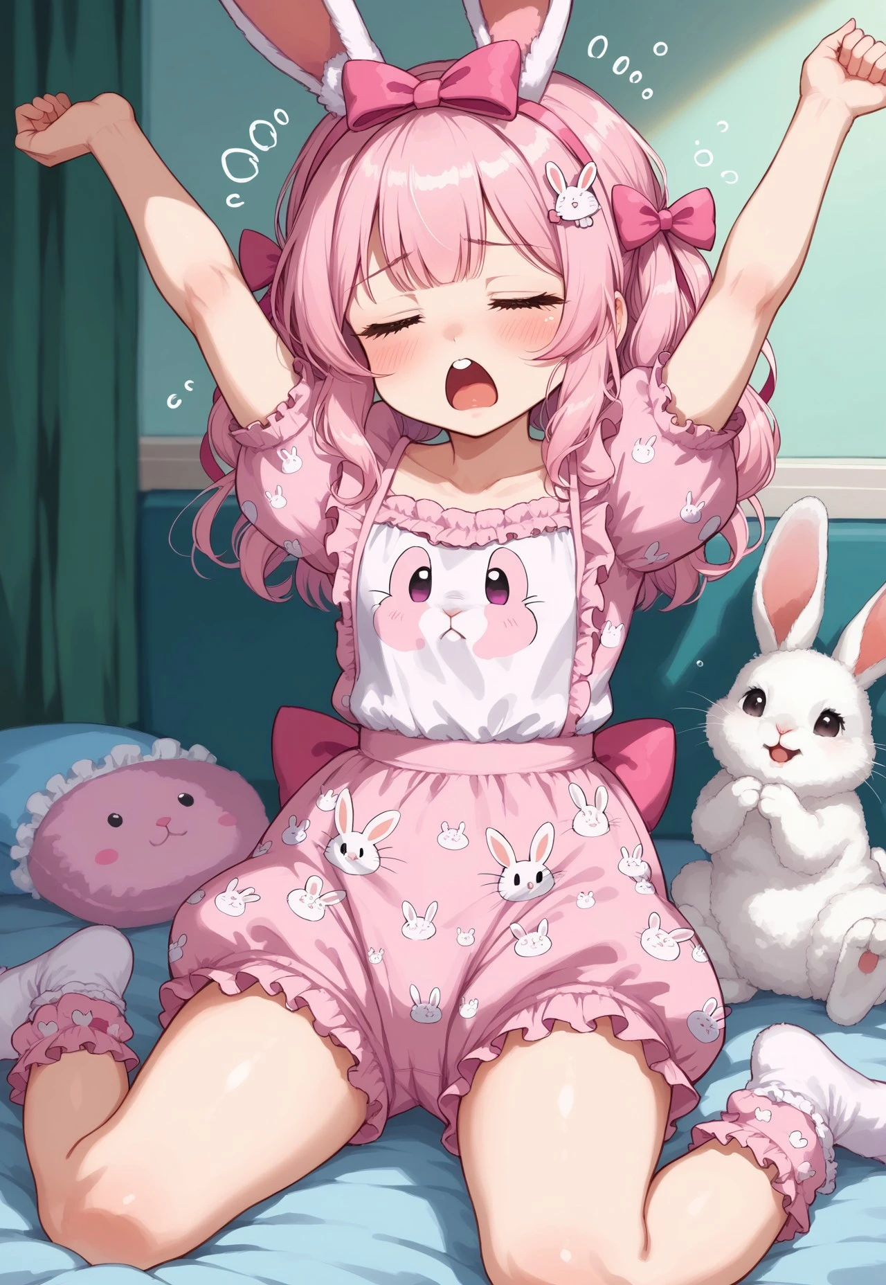 (cutecore, kawaiicore) 1girl, sleepy, yawning, stretching, pastel pink rabbit print romper, rabbit print romper, rabbit print, puffy sleeves, puffy short sleeves, ruffles, frills, bow, pink bow, hair ribbon, rabbit hair ornament, rabbit ear hairband, bloomers, frilled bloomers, pink ribbon-trimmed ankle socks, bobby socks