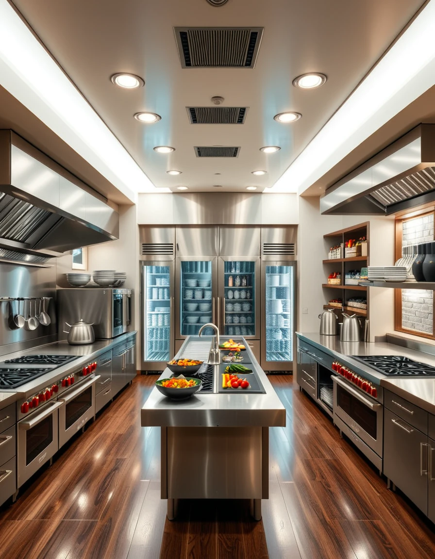 A state-of-the-art kitchen in a five-star hotel, completely empty and immaculately clean. The space features stainless steel countertops, commercial-grade stoves, double ovens, and induction cooktops, all polished to a shine. Overhead ventilation hoods and ambient lighting reflect off the sleek surfaces. A central prep island is neatly arranged with high-end cooking tools, bowls, and fresh ingredients ready for use. Along the walls, refrigerated drawers, walk-in coolers, and shelves stocked with spices and gourmet supplies are perfectly organized. The atmosphere is calm, professional, and ready for elite culinary service â a luxurious space awaiting its chefs.
<lora:hotel_k1tch3n:1>,hotel k1tch3n, Masterpiece,best quality,hi res,8k,hi res,8k,award winning,(sharp focus, intricate, highly detailed),