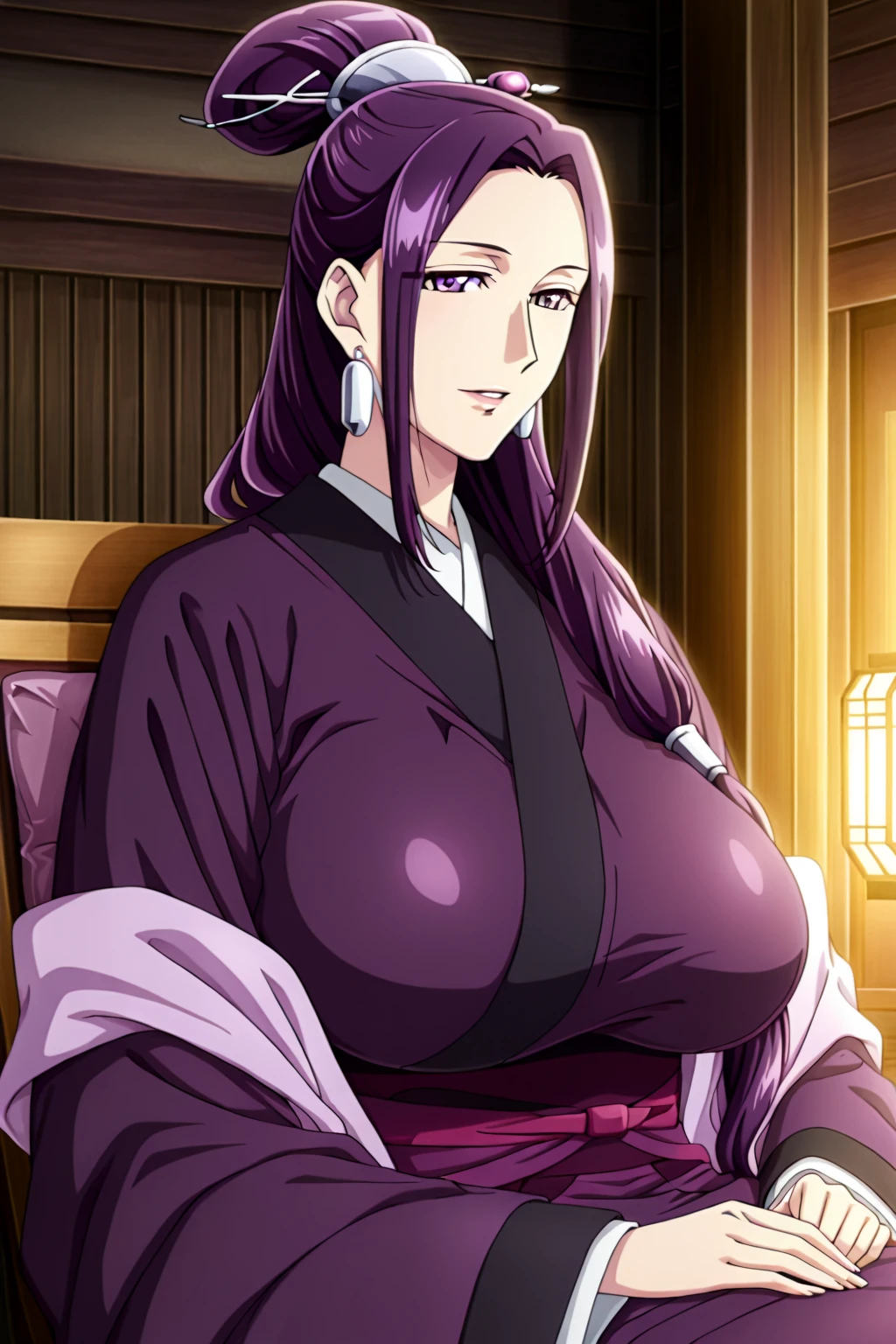(large breasts:1.5),(shiny,hair),((solo)),((masterpiece)),((best quality)),perfect anatomy,slim waist,perfect image,8k UHD,(beautiful detailed eyes:1.5),extremely detailed face,standing,(upper body:1.3),(look at the front:1.5),arms behindback,ultra-detailed,absurdres,highres,(Purple hair),((blunt bangs)),indoor room,((sensitive smile)),(long hair:1.6),(shiny Purple kimono),mature female,sexy mature women,30 years-old,erotic lips,
