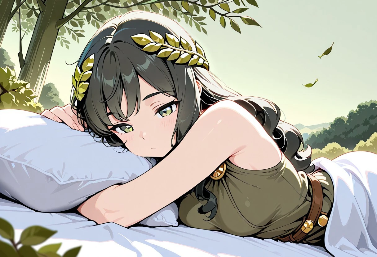 flat colors, masterpiece, best quality, amazing quality,
1girl, solo, girl, black hair, green eyes, upper body,
long hair, laying on a white blanket, head resting on arm, laying on side, white chiton, bronze shoulder pins, brown string belt, green leafy laurel
balcony above the green olive tree canopy, pale green sky,outdoors, green olive trees,lit torches, falling leaves