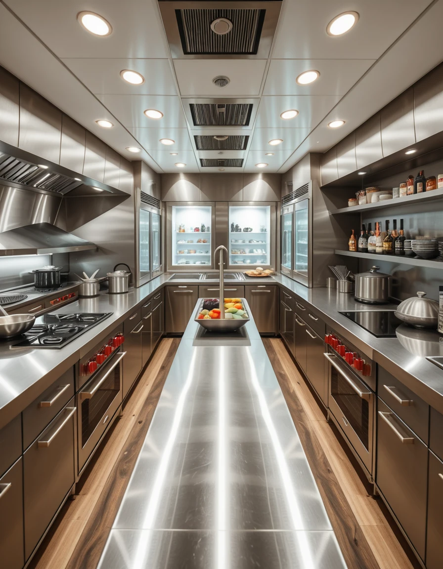 A state-of-the-art kitchen in a five-star hotel, completely empty and immaculately clean. The space features stainless steel countertops, commercial-grade stoves, double ovens, and induction cooktops, all polished to a shine. Overhead ventilation hoods and ambient lighting reflect off the sleek surfaces. A central prep island is neatly arranged with high-end cooking tools, bowls, and fresh ingredients ready for use. Along the walls, refrigerated drawers, walk-in coolers, and shelves stocked with spices and gourmet supplies are perfectly organized. The atmosphere is calm, professional, and ready for elite culinary service â a luxurious space awaiting its chefs.
,hotel k1tch3n <lora:hotel_k1tch3n-i:1>, Masterpiece,best quality,hi res,8k,hi res,8k,award winning,(sharp focus, intricate, highly detailed),