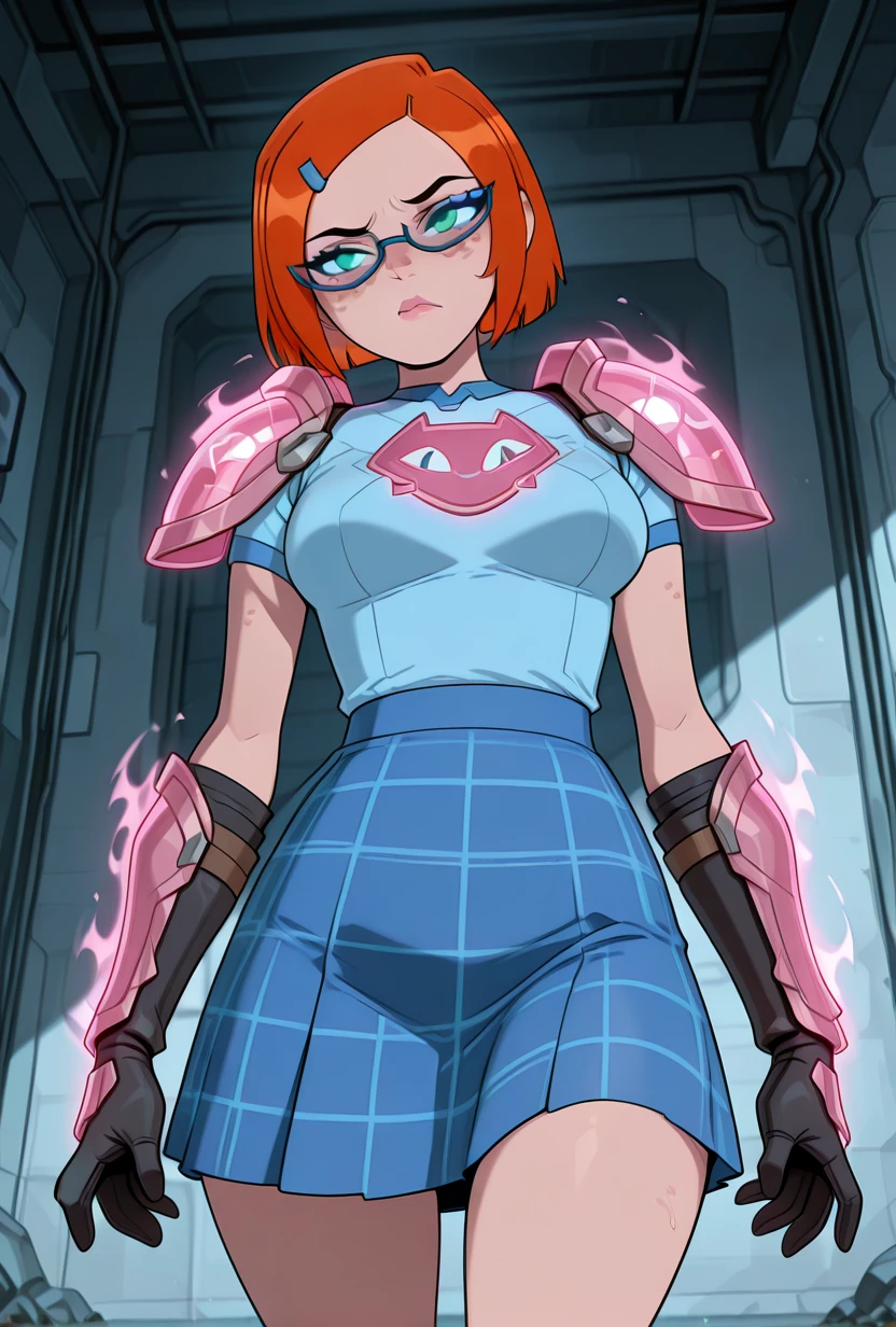 <lora:gwennerd-10:1> gwennerd, 1girl, solo, medium breasts, glasses, orange hair, short hair, hairclip, blue-framed eyewear, blue shirt, short sleeves, freckles, blue skirt, plaid skirt, green eyes, big mouth, cowboy shot, <lora:mage_armor:1> pink mage armor, solo, gauntlets, pink spoke,, masterpiece, best quality, amazing quality, very aesthetic, absurdres, newest,