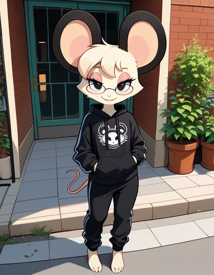 masterpiece, best quality, very aesthetic, absurdres,
outdoors, streetwear,
barefoot, full body, standing, posing,
seductive smile, parted lips, long eyelashes,
<lora:Tamy_v01_NAIXL:1>
T4my,1girl,solo,furry,furry female,mouse girl,short hair,mouse ears,black eyes,glasses,animal nose,body fur,white fur,mouse tail,