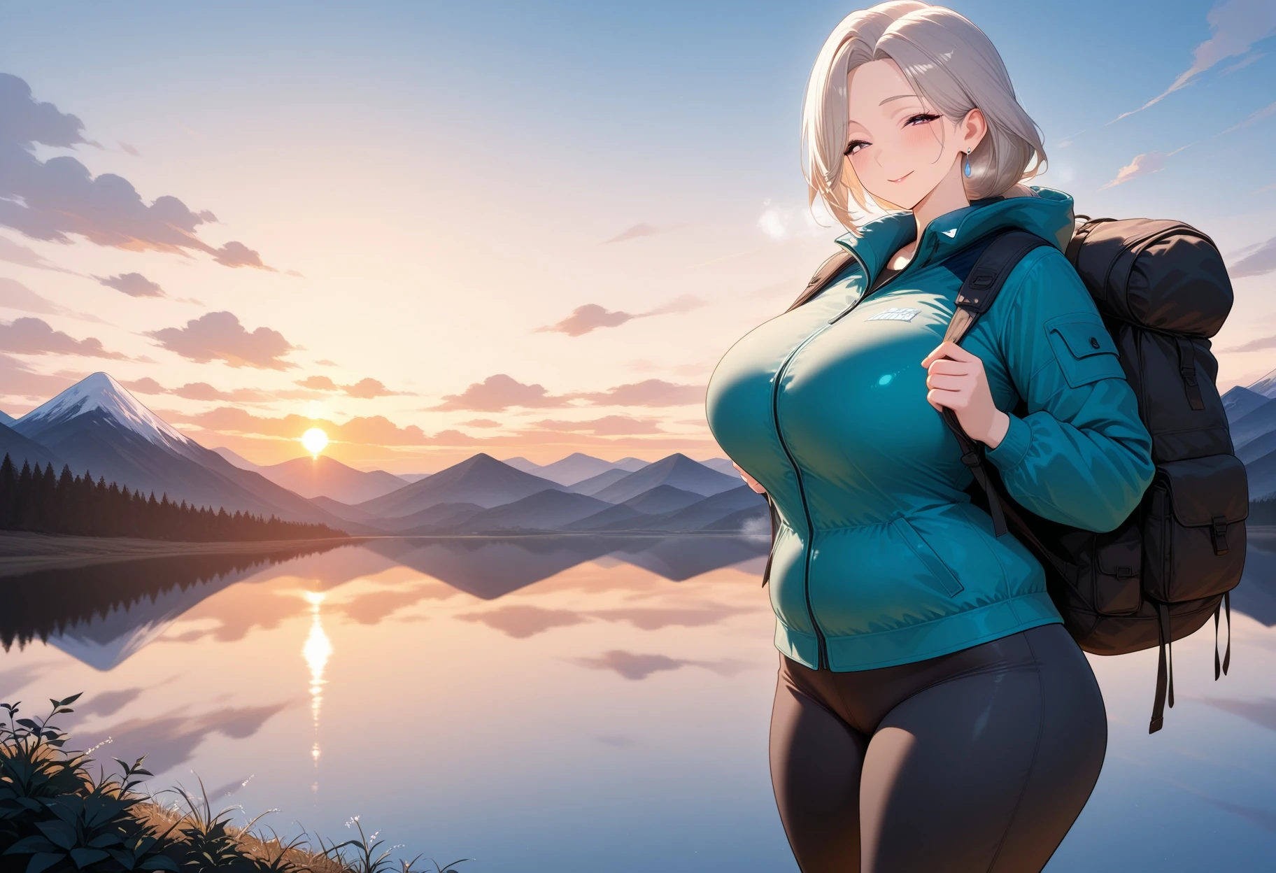 1girl, mature female,
hiking clothes, rucksack, coat, pants,
mountain, mountainous horizon, sunset, reflection, smile,, masterpiece, best quality, amazing quality, very aesthetic, high resolution, ultra-detailed, absurdres, newest,