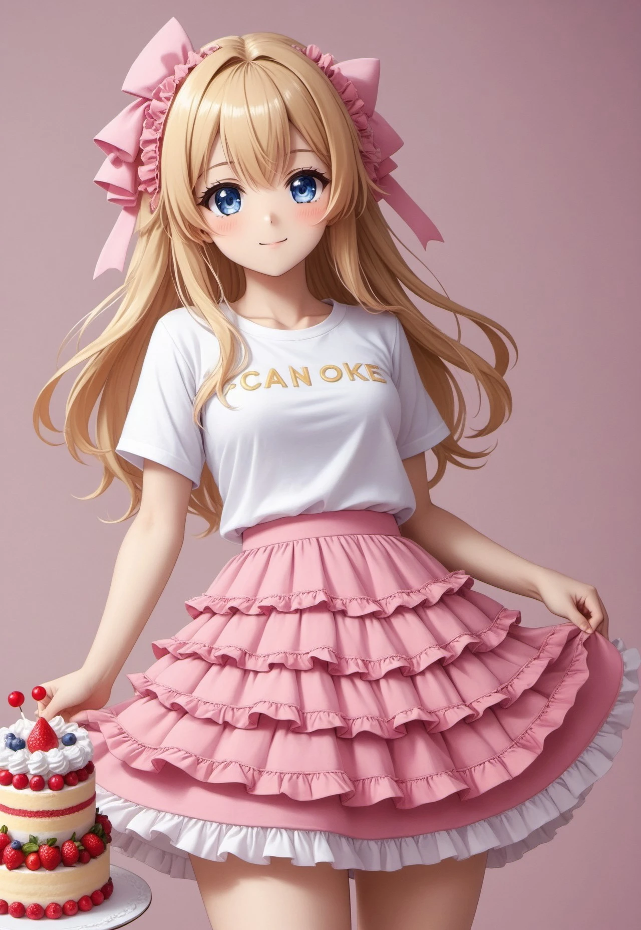 ((fullbody)) (anime) 1girl, shirt, t-shirt, simple shirt, cake skirt, cake_skirt, ruffled skirt, tiered skirt, frilled skirt, layered skirt, frilly skirt, ruffles, frills