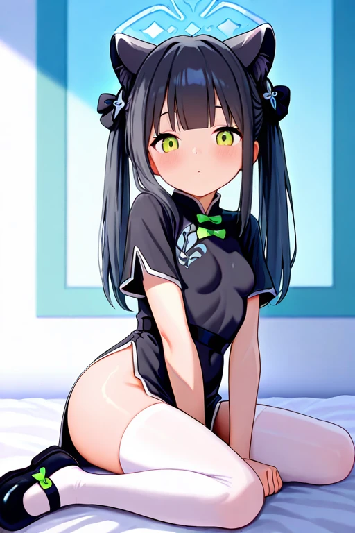 masterpiece, High quality, Ultra detailed, 2d, newest, absurdres, highres, BREAK
1girl, solo, <lora:shun_small_v2_LISETTElora:0.8>, smallshun, twintails, black hair, blunt bangs, animal ears, animal ear fluff, green eyes,
small breasts, smshundef, short sleeves, chinese clothes, black dress, mary janes, white thighhighs, black footwear, shoes,
full body, sitting, looking at viewer,