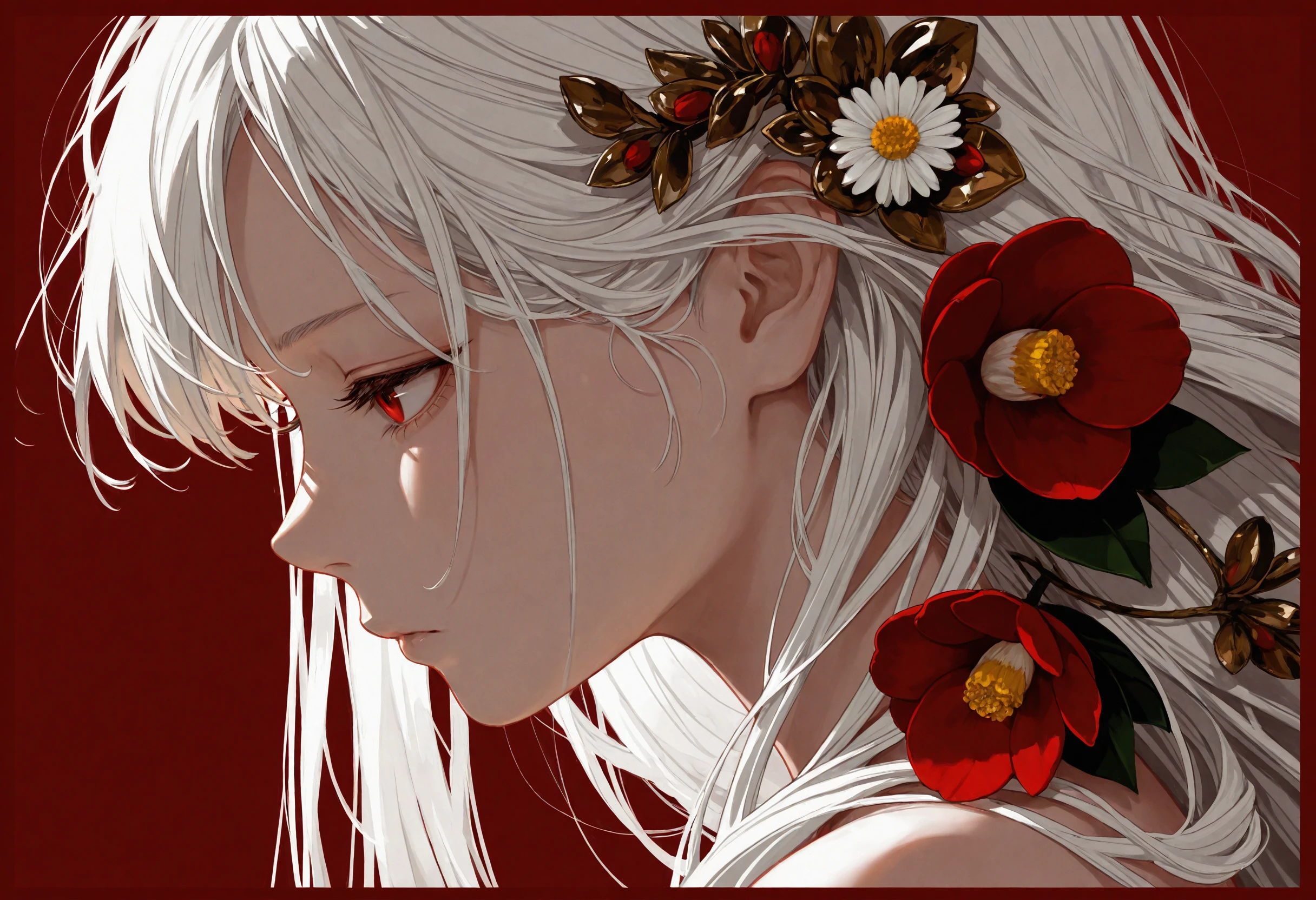 masterpiece, best quality, absurdres, very aesthetic, highres, very awa,
[realistic::0.25],
1girl, bangs, camellia, daisy, flower, from_side, profile, red_background, red_border, red_eyes, red_theme, flowing hair, white_flower, white_hair, purism, hair ornament, simple background,