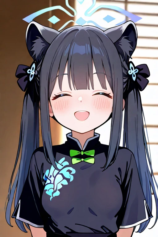masterpiece, High quality, Ultra detailed, 2d, newest, absurdres, highres, BREAK
1girl, solo, <lora:shun_small_v2_LISETTElora:0.8>, smallshun, twintails, black hair, blunt bangs, animal ears, animal ear fluff, halo,
small breasts, shunsdef, short sleeves, chinese clothes, black dress, upper body,
smile, open mouth, closed eyes, blush,