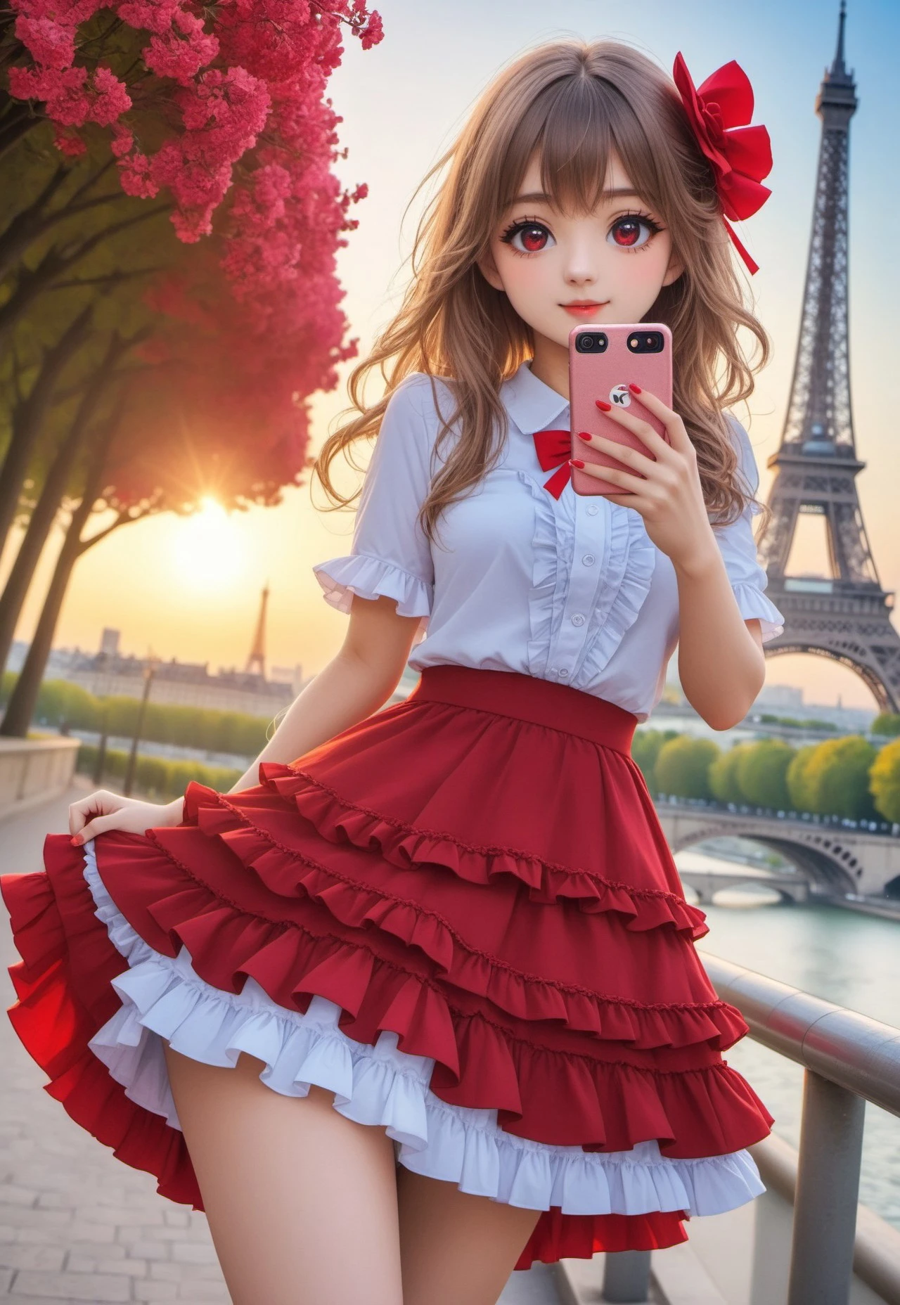 ((fullbody)) (anime) 1girl, red cake_skirt, ruffled skirt, tiered skirt, frilled skirt, layered skirt, frilly skirt, ruffles, frills, outdoors, taking a selfie, :o, eiffel tower