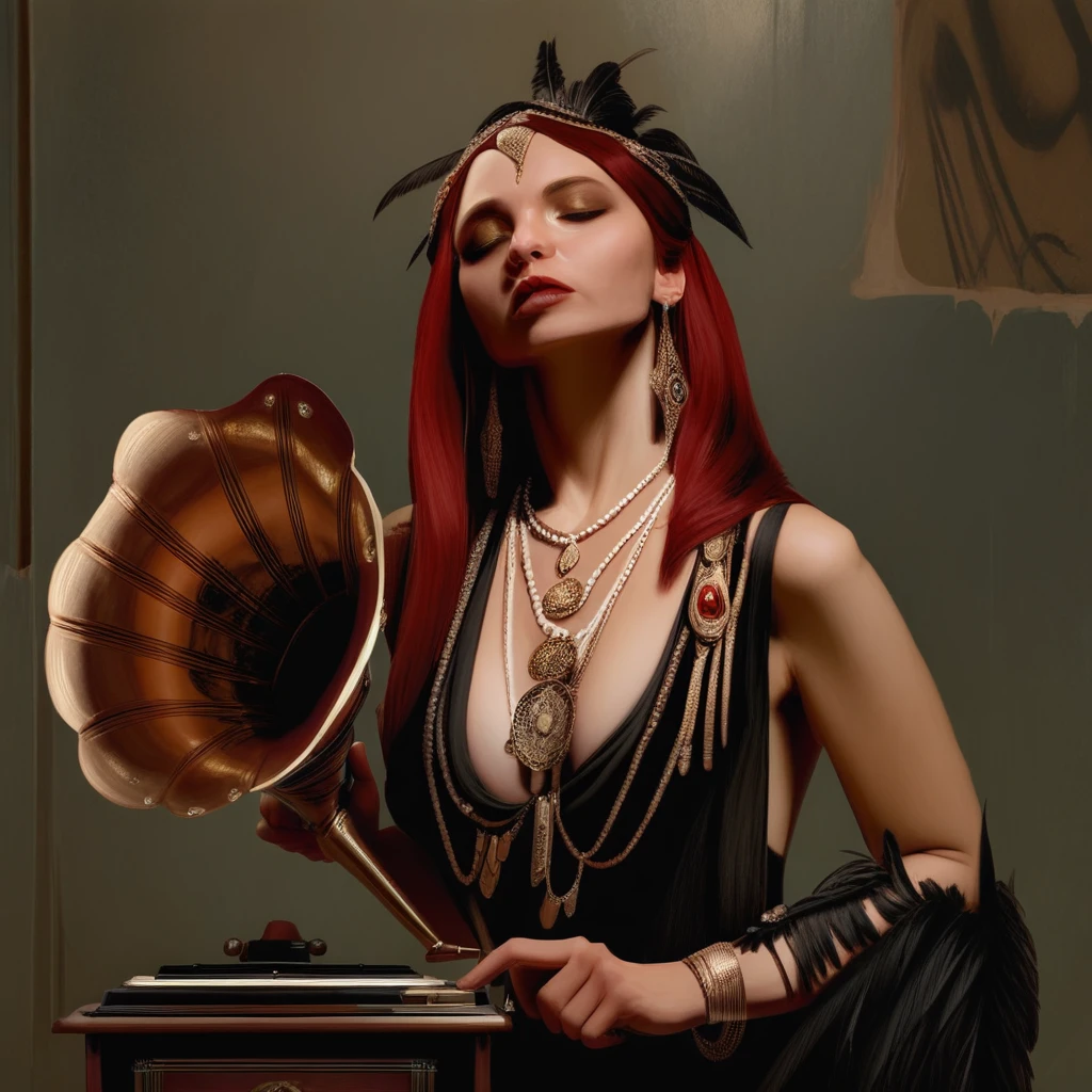 Arcane Decopunk Fantasy, The image shows a woman in a black dress holding a gramophone with a wall in the background. She has a human face and is wearing a necklace., 1girl, jewelry, breasts, solo, earrings, necklace, realistic, long hair, feathers, red hair