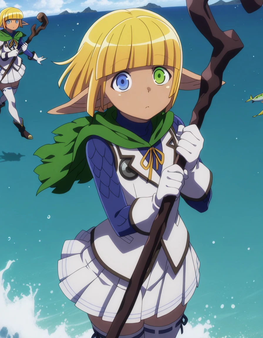 masterpiece, best quality, amazing quality,, <lora:mare-bello-fiore-s1s2-illustriousxl-lora-nochekaiser:1>, mare bello fiore, short hair, bangs, blue eyes, blonde hair, green eyes, pointy ears, blunt bangs, heterochromia, elf, otoko no ko, dark elf, anime screencap, skirt, thighhighs, gloves, pleated skirt, white gloves, cape, white thighhighs, zettai ryouiki, capelet, staff, crossdressing, holding staff,, <lora:dynamic-pose-illustriousxl-lora-nochekaiser:1>, dynamic pose, midair, cowboy shot, ocean, waves, saltwater, fish, vast, cowboy shot, solo, looking at viewer