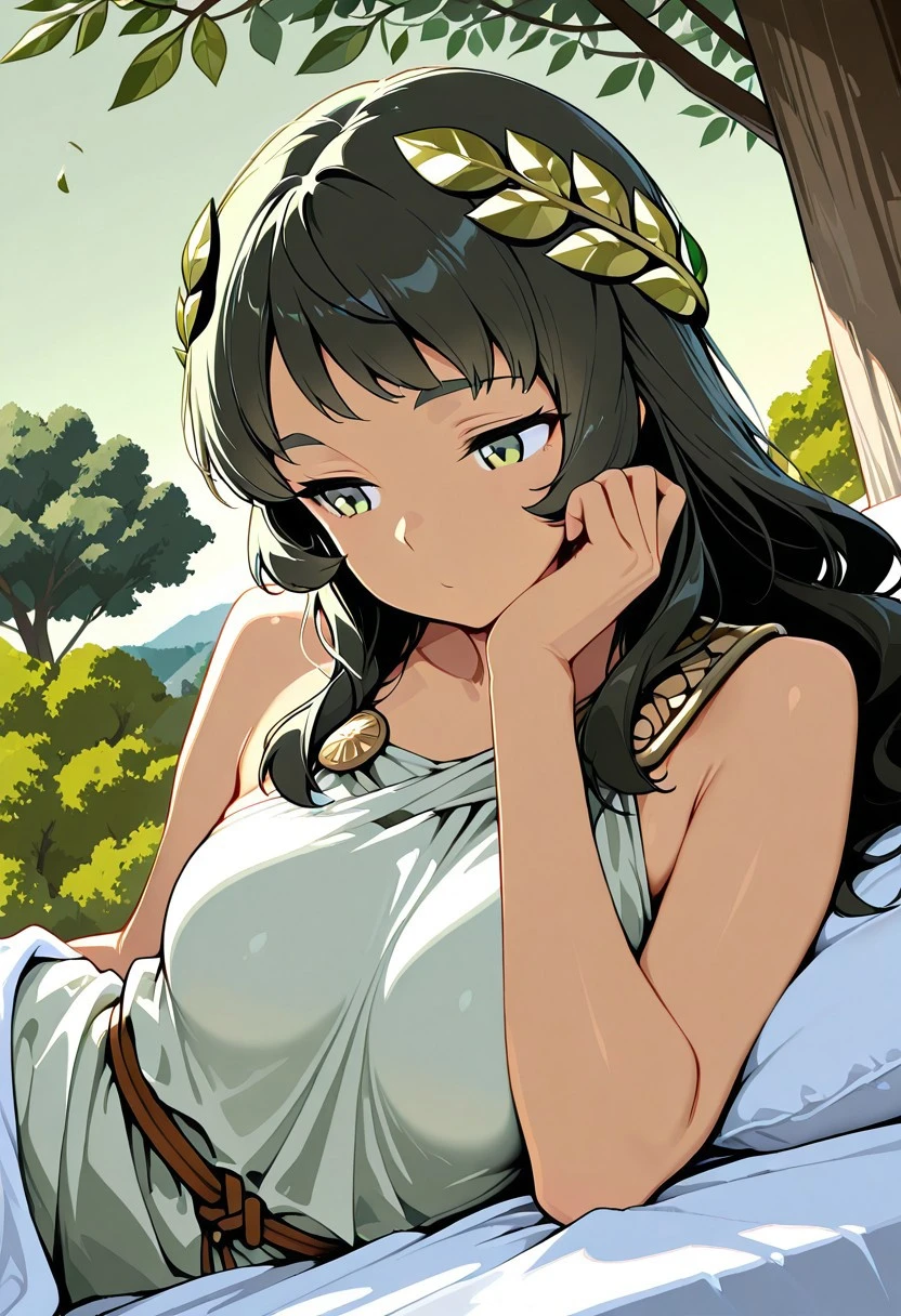 flat colors, masterpiece, best quality, amazing quality,
1girl, solo, girl, black hair, green eyes, upper body,
long hair, laying on a white blanket, head resting on arm, laying on side, white chiton, bronze shoulder pins, brown string belt, green leafy laurel
balcony above the green olive tree canopy, pale green sky,outdoors, green olive trees,lit torches, falling leaves