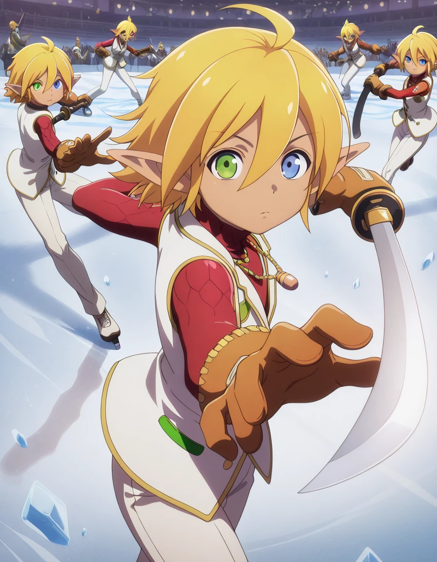 masterpiece, best quality, amazing quality,, <lora:aura-bella-fiora-s1s2-illustriousxl-lora-nochekaiser:1>, aura bella fiora, short hair, blue eyes, blonde hair, hair between eyes, green eyes, ahoge, pointy ears, dark skin, heterochromia, elf, dark elf, anime screencap, gloves, jewelry, necklace, vest, white vest, pants, white pants,, <lora:gatotsu-stance-illustriousxl-lora-nochekaiser:1>, gatotsu stance, weapon, sword, katana, holding weapon, holding, holding sword, foreshortening,, skating rink, ice, people, winter, fun, cowboy shot, solo, looking at viewer