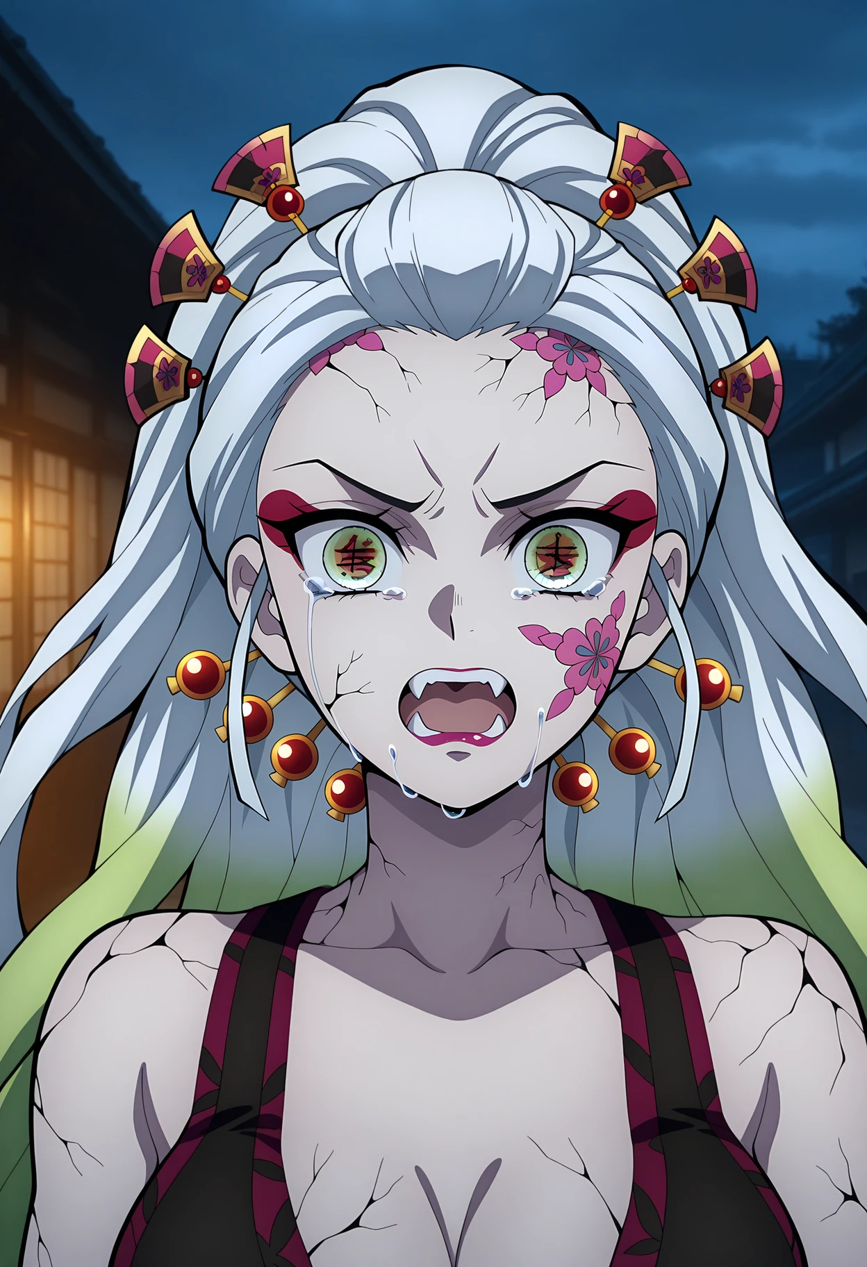 anime screencap, masterpiece, best quality,
<lora:KimetsuNoYaiba_Daki_IlluXL:0.9>,
1girl, solo, tears, crying with open eyes, open mouth, fangs,
forehead, high ponytail, very long hair, multicolored hair, white hair, green hair, multicolored eyes, hair ornament, kanzashi, facial mark, lipstick, symbol in eye,
pale skin, cracked skin,
 shoulders, print bra, black bra,
close-up, looking at viewer,
outdoors, blurry background, photo background, night, overcast, building, wood, dark