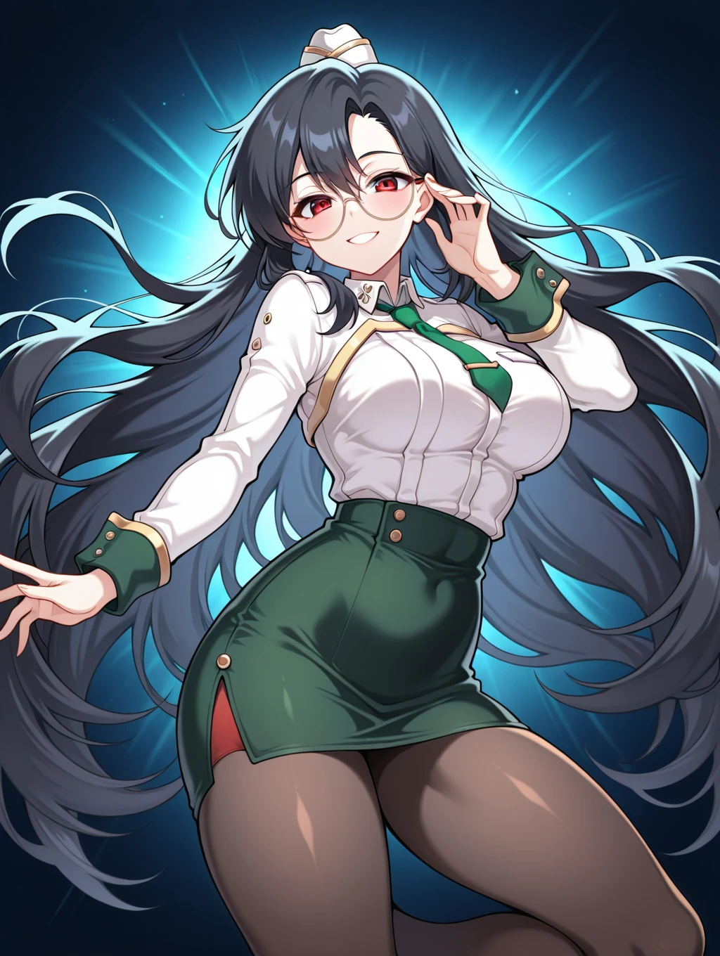 1girl, 独奏,black dark skin,breasts,thighs,dark-skinned female, green eyes, long hair, smile,Dynamic Angle,suit,Grab your own chest