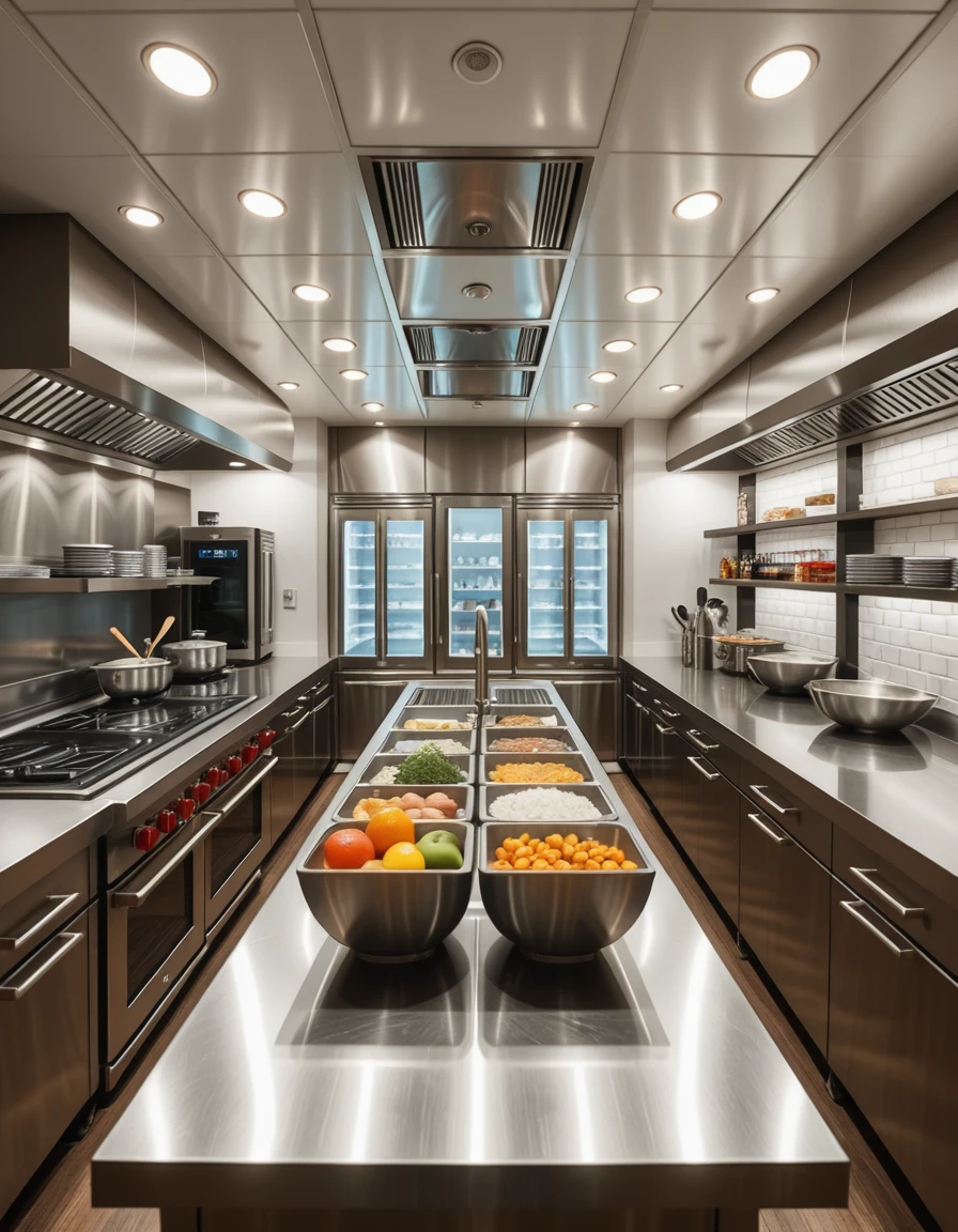 A state-of-the-art kitchen in a five-star hotel, completely empty and immaculately clean. The space features stainless steel countertops, commercial-grade stoves, double ovens, and induction cooktops, all polished to a shine. Overhead ventilation hoods and ambient lighting reflect off the sleek surfaces. A central prep island is neatly arranged with high-end cooking tools, bowls, and fresh ingredients ready for use. Along the walls, refrigerated drawers, walk-in coolers, and shelves stocked with spices and gourmet supplies are perfectly organized. The atmosphere is calm, professional, and ready for elite culinary service â a luxurious space awaiting its chefs.
,hotel k1tch3n <lora:hotel_k1tch3n-i:1>, Masterpiece,best quality,hi res,8k,hi res,8k,award winning,(sharp focus, intricate, highly detailed),