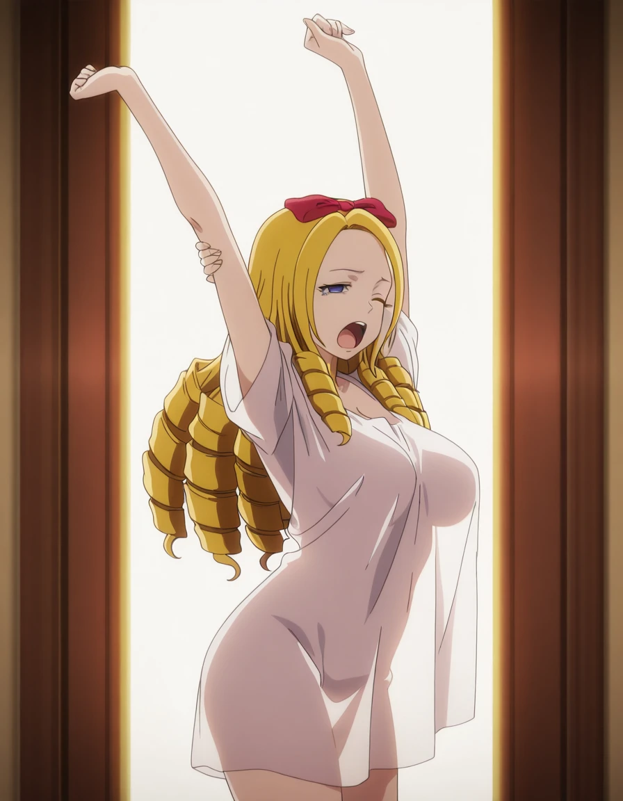 masterpiece, best quality, amazing quality,, <lora:solution-epsilon-s1s2-illustriousxl-lora-nochekaiser:1>, solution epsilon, long hair, blonde hair, blue eyes, red bow, drill hair, parted bangs, forehead, bow, hair bow, mature female, breasts, anime screencap, <lora:see-through-silhouette-illustriousxl-lora-nochekaiser:1>, see-through silhouette, see-through clothes, sundress, shirt overhang, naked shirt, crop top overhang, see-through shirt, backlighting, oversized shirt, standing, cowboy shot, holding own arm, arms up, yawning, one eye closed, open mouth,,
