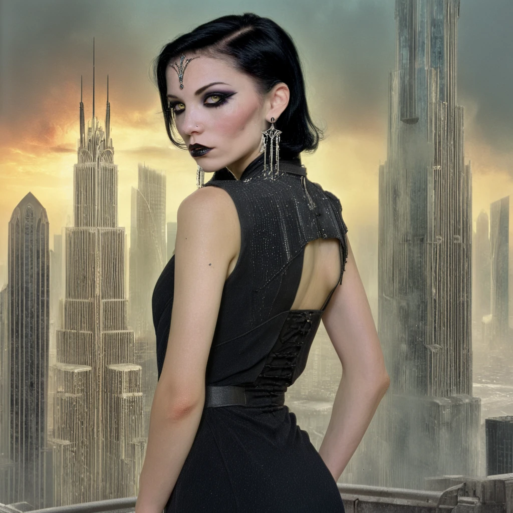 <lora:Arcane_Decopunk_FantasySDXL:1> Arcane Decopunk Fantasy, The image shows a woman in a black dress standing in front of a city skyline with a skyscraper in the background., 1girl, solo, black hair, realistic, jewelry, black eyes, earrings, city, makeup, building